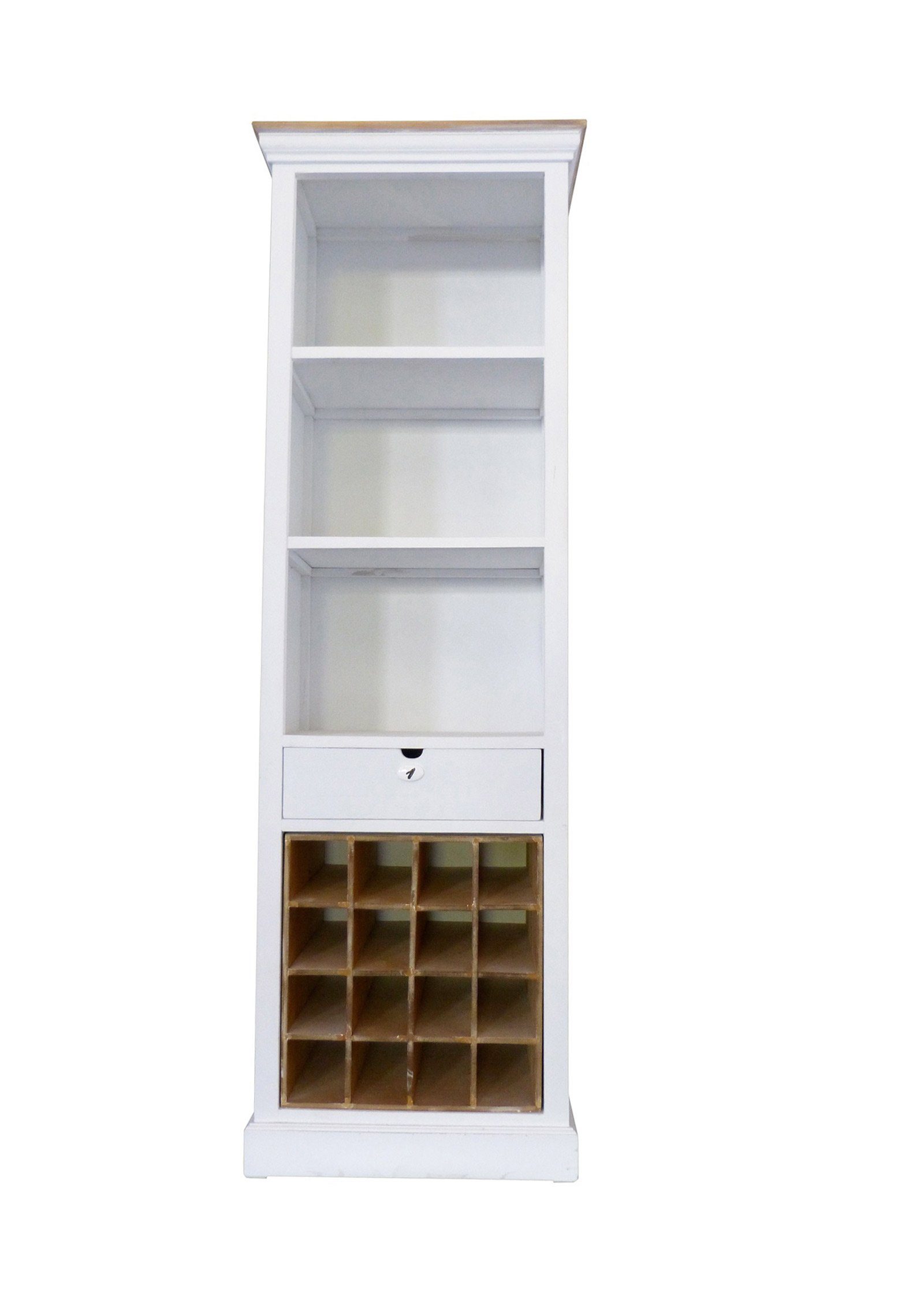 Junado® Hochschrank Paris Paulowniaholz, weiß, 3 Ablageflächen, 1 Schublade,1 Flaschenregal (für 16 Flaschen), Höhe 180cm, Breite 60cm, Landhaus-Stil