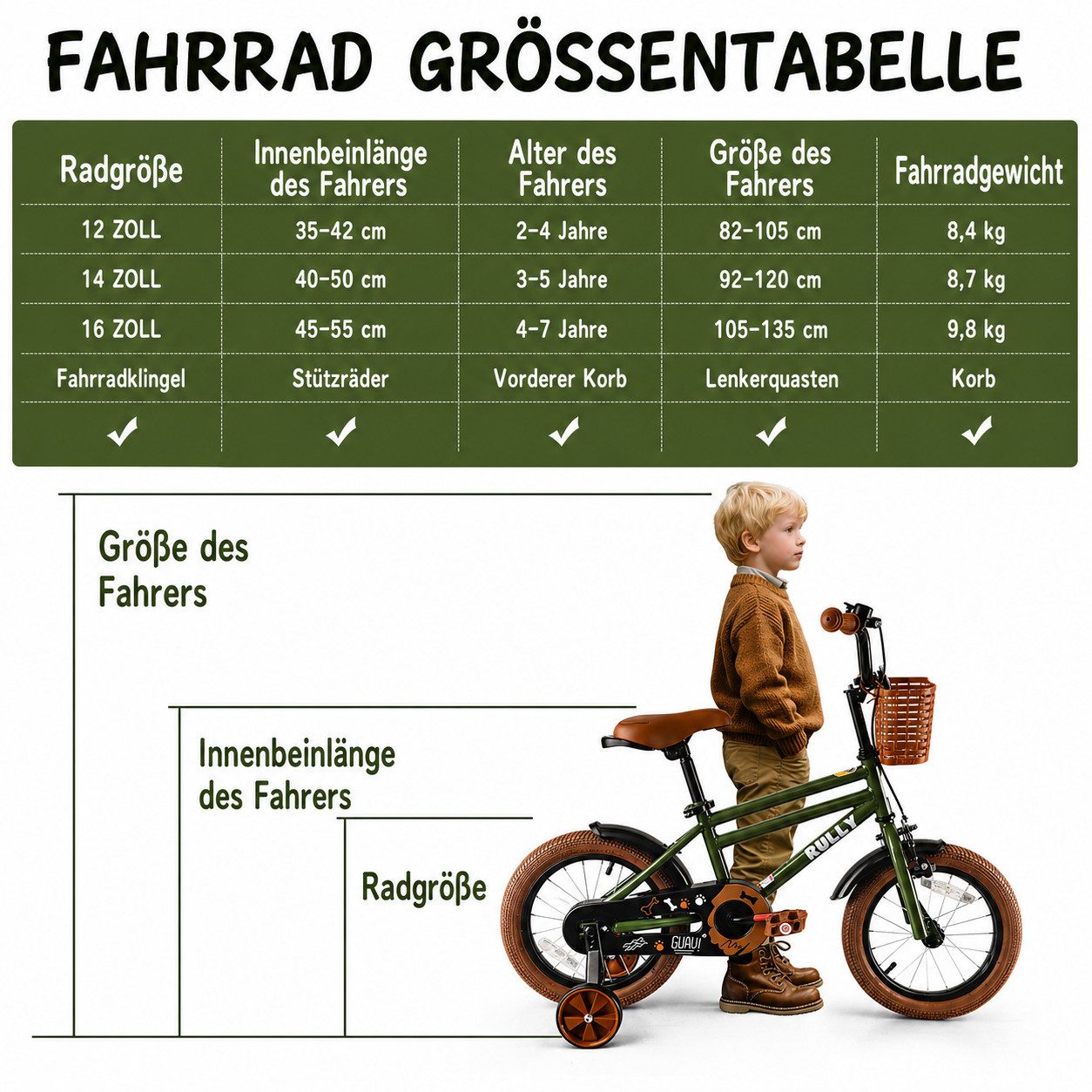 Vankel Kinderfahrrad 12-16 Zoll, für Jungen, Mit Stützrädern, Korb, Kettenschutz, 1 Gang, kindgerechtem Bremssystem – Bild 5 von 5