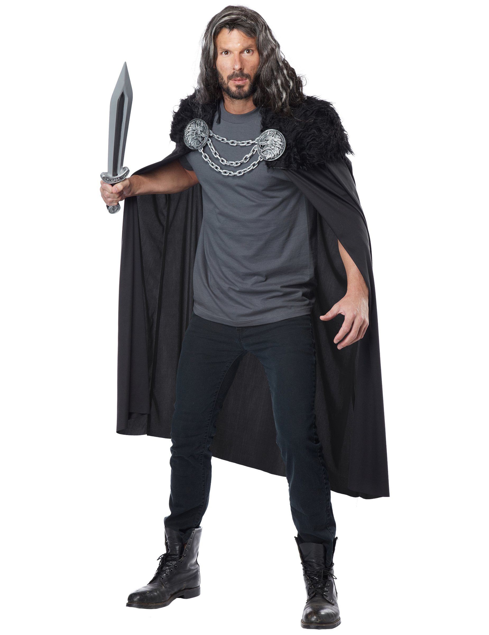 Kostüm Dunker Wikinger-Umhang Mittelalter-Cape mit Kette schwarz-silber