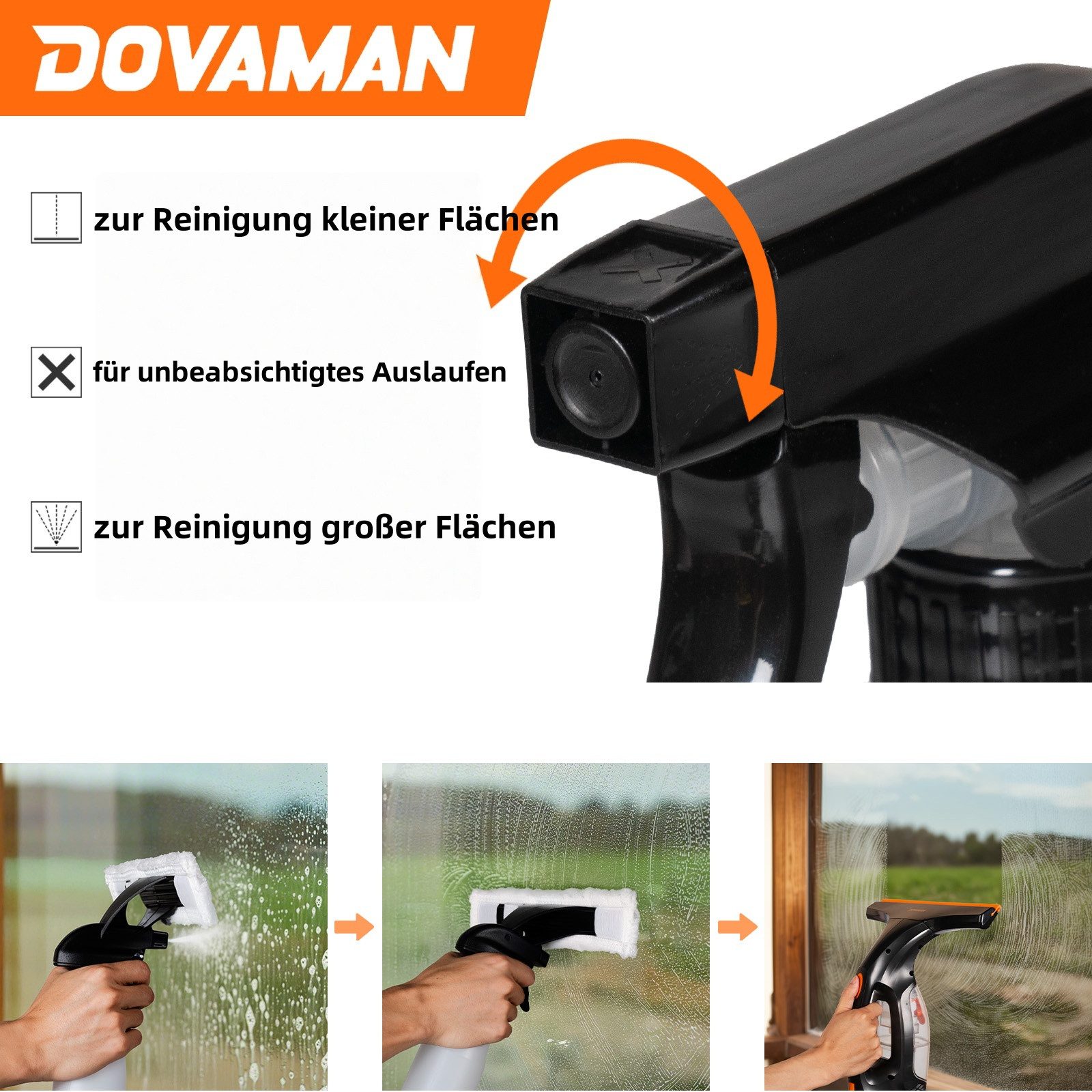DOVAMAN Akku-Fenstersauger 30 Min Laufzeit, 280 mm Düse, 150 ml Tank, Sprühflasche & 2 Tüchern – Bild 5 von 5