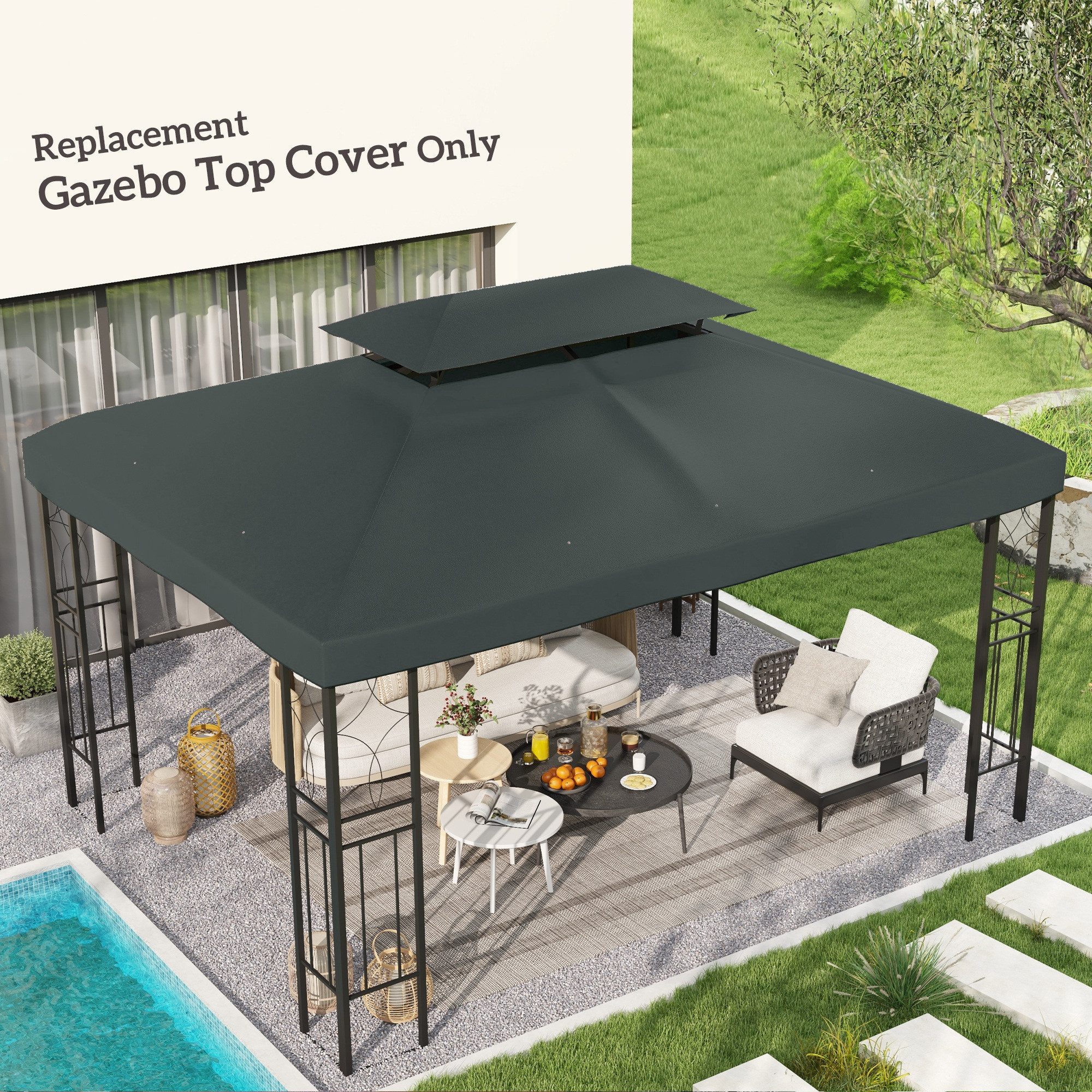 Outsunny Pavillon-Ersatzdach 3 x 4 m, mit Doppeldach, 180 g/m², 400 x 400 cm (Ersatzdach, Gartenpavillonersatzdach), für Gartenpavillon, Polyester, Kohlegrau