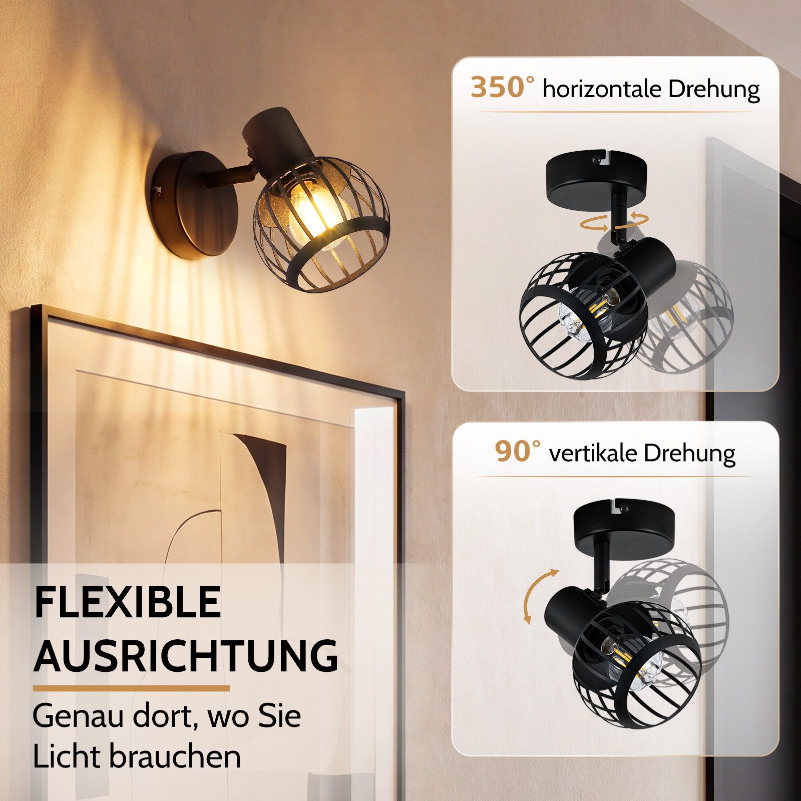 Nettlife Deckenstrahler 1flammig Schwarz Retro E14 Wandlampe Industrie Deckenspot, ohne Leuchtmittel, Käfiglampe aus Metall Wandspot für Schlafzimmer Flur
