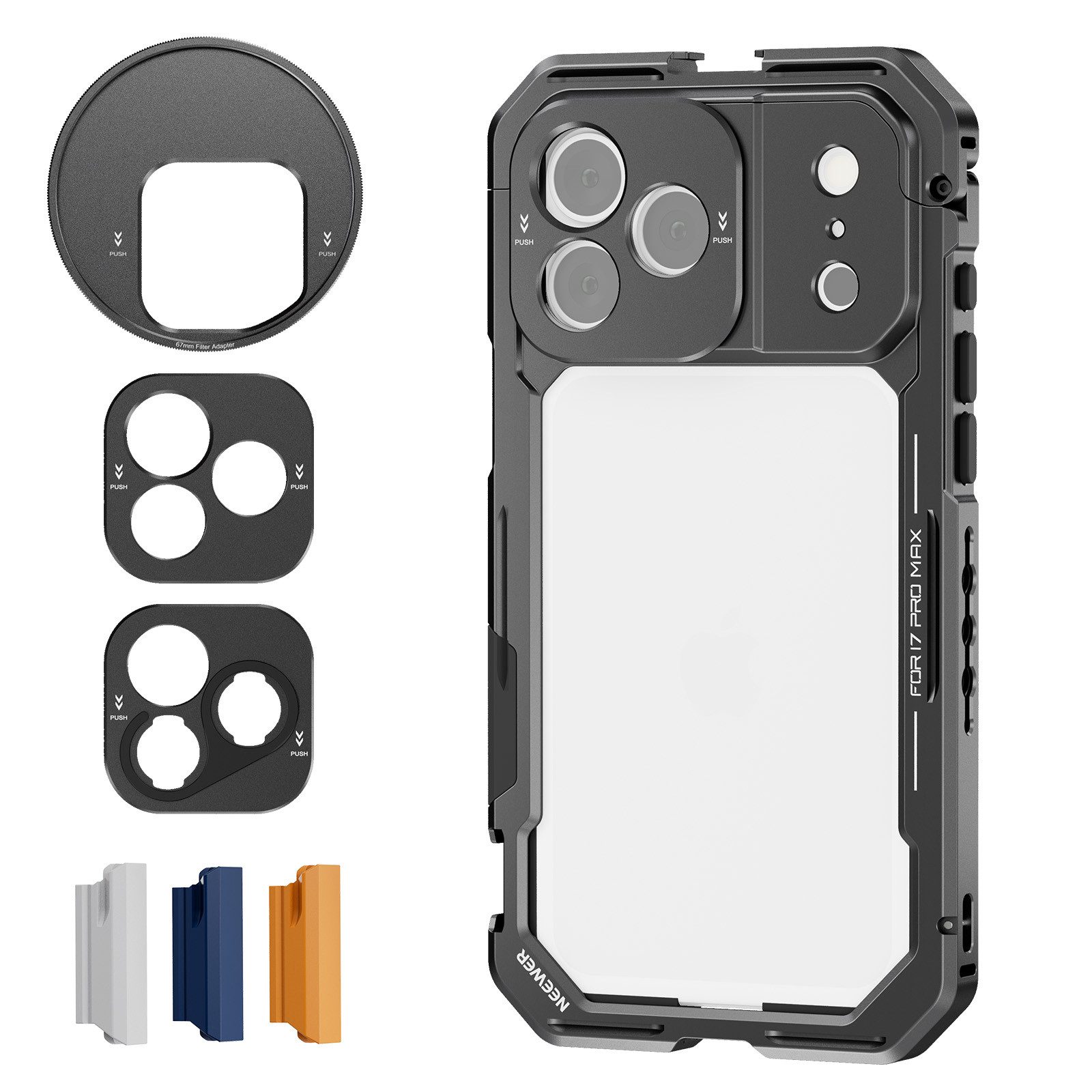 Neewer Handyhülle Handy Käfig Kompatibel mit iPhone 17 Pro Max, PA144 (Schwarz), Video Rig Stabilisator, mit 67mm Filter Ring 17mm Objektiv Rückplatte