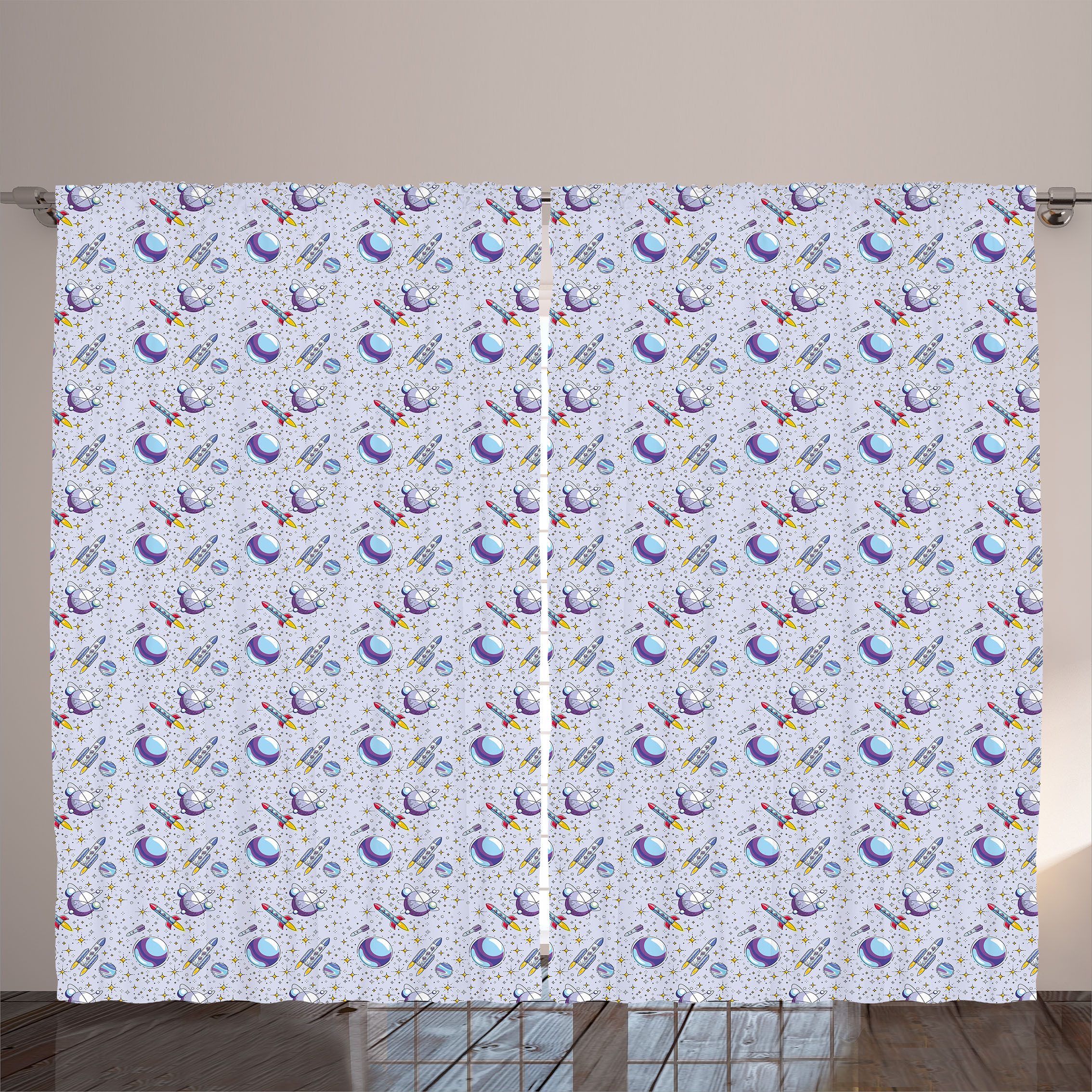 Gardine Gardinen mit Schlaufen und Haken 140 cm x 2 Vorhangbahnen, Abakuhaus, Weltraum Raketen und Planeten Kunst