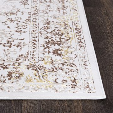 Designteppich Vintage Teppich für Wohnzimmer - Glänzende - Creme Beige mit Gold, Mazovia, 80 x 150 cm, Glänzende Vintage, Höhe 10 mm, Kurzflor - niedrige Florhöhe, Weich, Pflegeleicht
