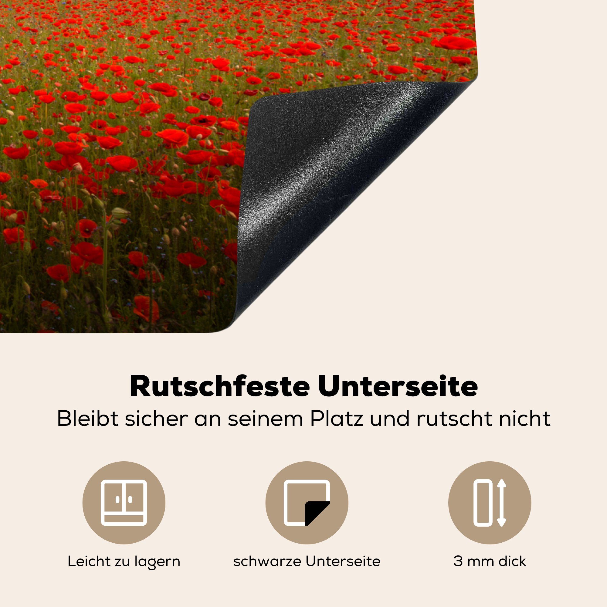 die cm, Rot 81x52 tlg), - küche, MuchoWow Induktionskochfeld Vinyl, Schutz Herdblende-/Abdeckplatte Grau, Ceranfeldabdeckung Blumen (1 für -