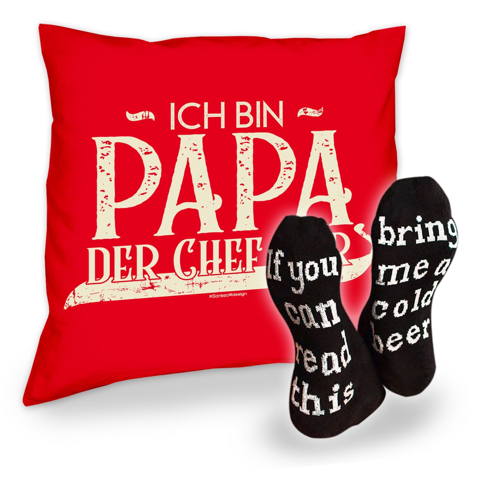 Soreso® Dekokissen Kissen Ich bin Papa der Chef hier und Socken mit Bier Spruch, Geschenk Geburtstagsgeschenk rot