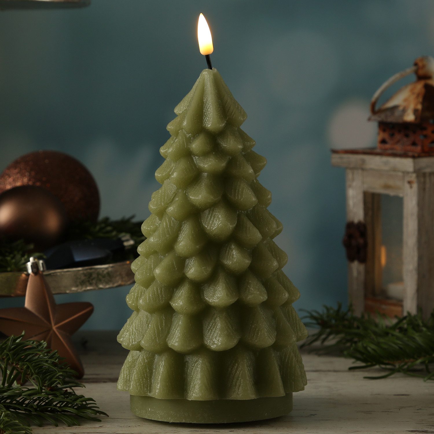 Deluxe Homeart LED-Kerze Tannenbaum Weihnachtsbaum Deluxe Echtwachs flackernd H: 18cm hellgrün, LED Classic, warmweiß (2100K bis 3000K)