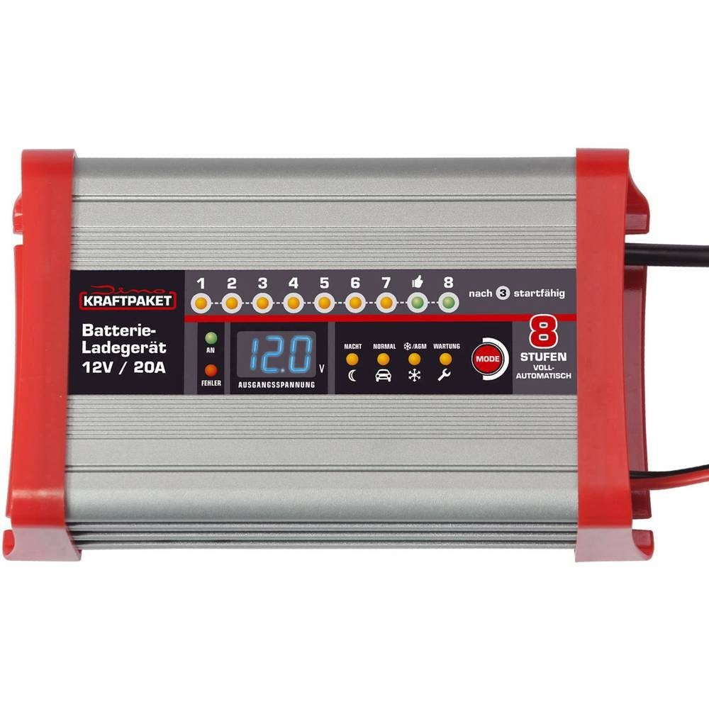 Dino KRAFTPAKET Vollautomatisches Batterieladegerät mit Camping-Funktion 136320 Autobatterie-Ladegerät (Akkutest, Auffrischen, Regenerieren, Ladeüberwachung)