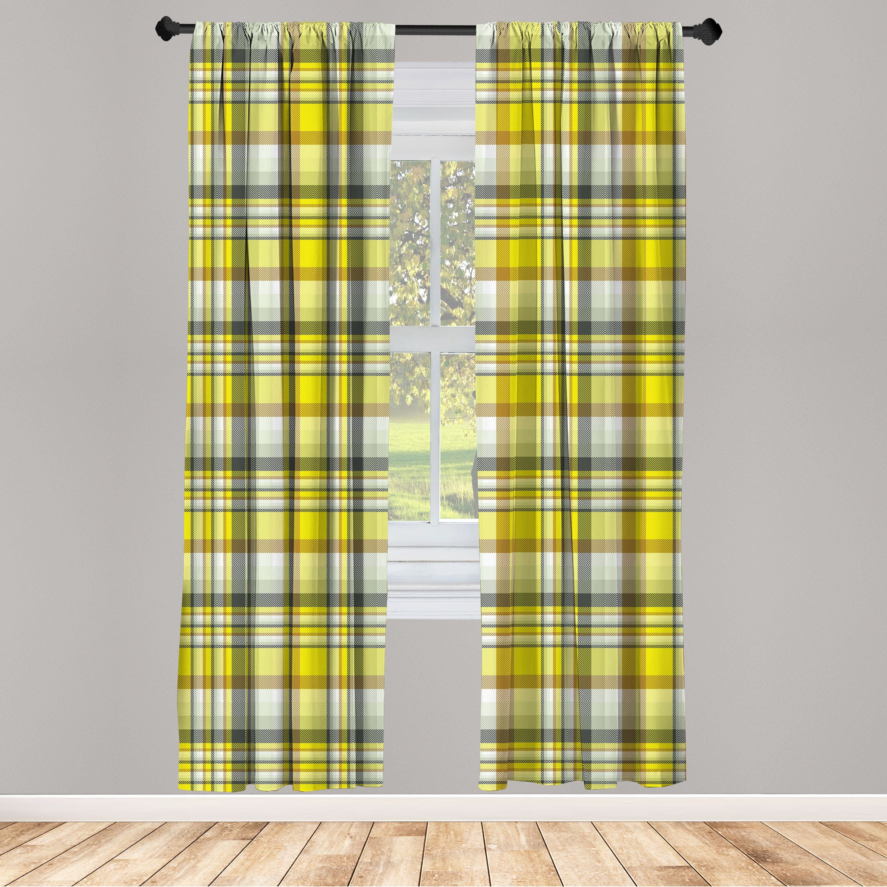 Gardine Vorhang für Wohnzimmer Schlafzimmer Dekor, Abakuhaus, Microfaser, grau Gelb Vibrant Madras Plaid