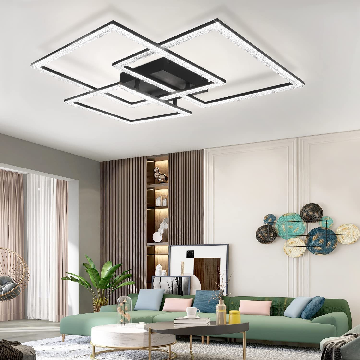 ZMH LED Deckenleuchte Whonzimmer Dreifaches Quadratisches Design Kristall Innen Lampe 82W, Dimmba/mitFernbedienung, LED fest integriert, Warmweiß-Neutralweiß-Kaltweiß, mit Fernbedienung für Schlafzimmer Büro Küche