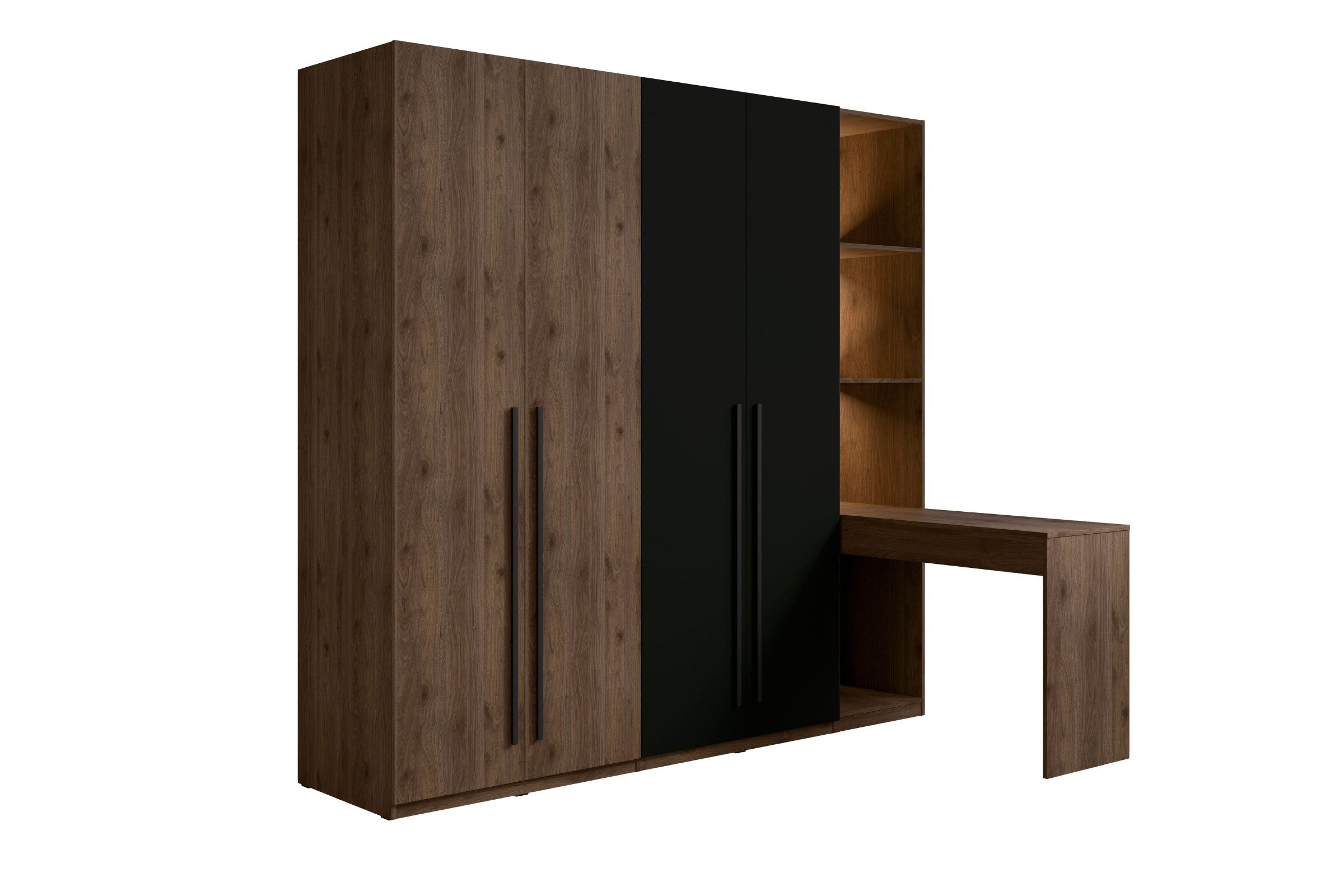 Deine Möbel 24 Kleiderschrank VASSA 180 cm mit Schminktisch und Regal in Nussbaum / Schwarz (Set, 1-St., Schlafzimmer-Schrank, großer Drehtürenschrank) mit LED-Beleuchtung, 2 Kleiderstangen und 4 Regalböden