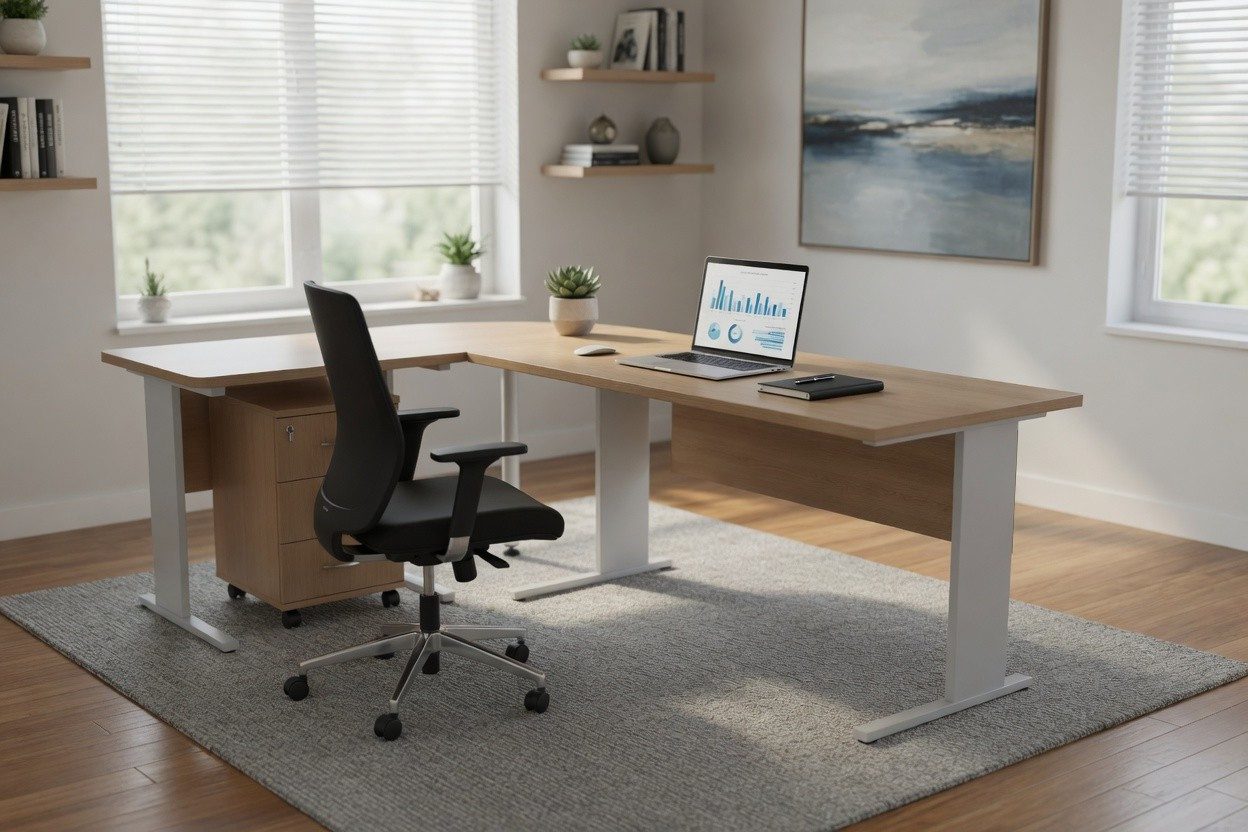 Xlmoebel Eckschreibtisch Moderner Eckschreibtisch aus Holz mit 3 Schubladen in Beige, Made in Europa