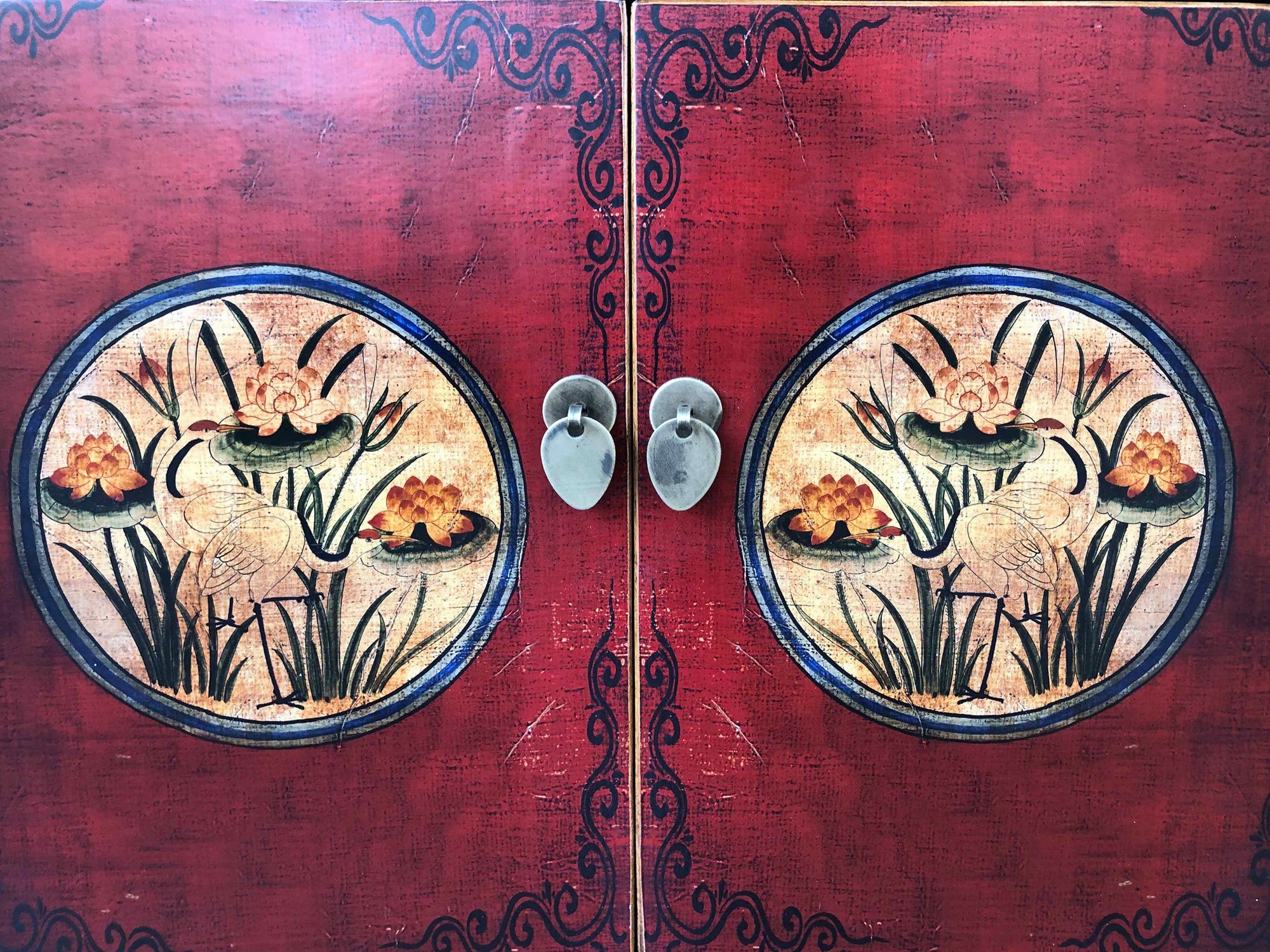 OPIUM OUTLET Vintage Hochzeitsschrank, Sideboard chinesisch komplett aus Möbel-Kombination bestehend (Wohnzimmer-Set Schrank 2-St., Schrank, orientalisch Wohnzimmer-Set mit asiatisch und Sideboard rot-schwarz), montiert, Kommode