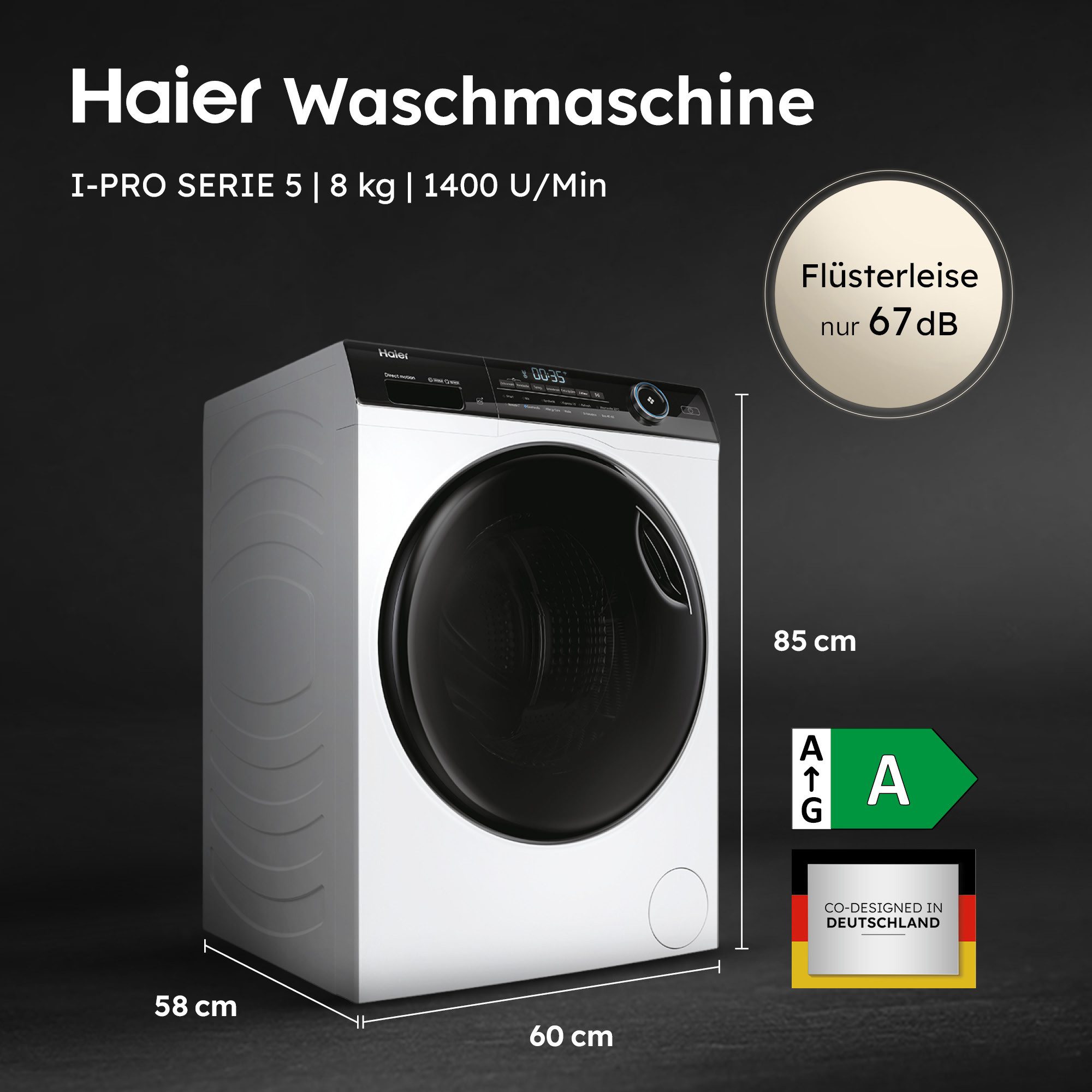 Haier Waschmaschine I PRO 5 HW80-B14959EU1, 8 kg, 1400 U/min, 8 kg, 1400 U/min, Flüsterleiser Motor, Antibakterielle Technologie
