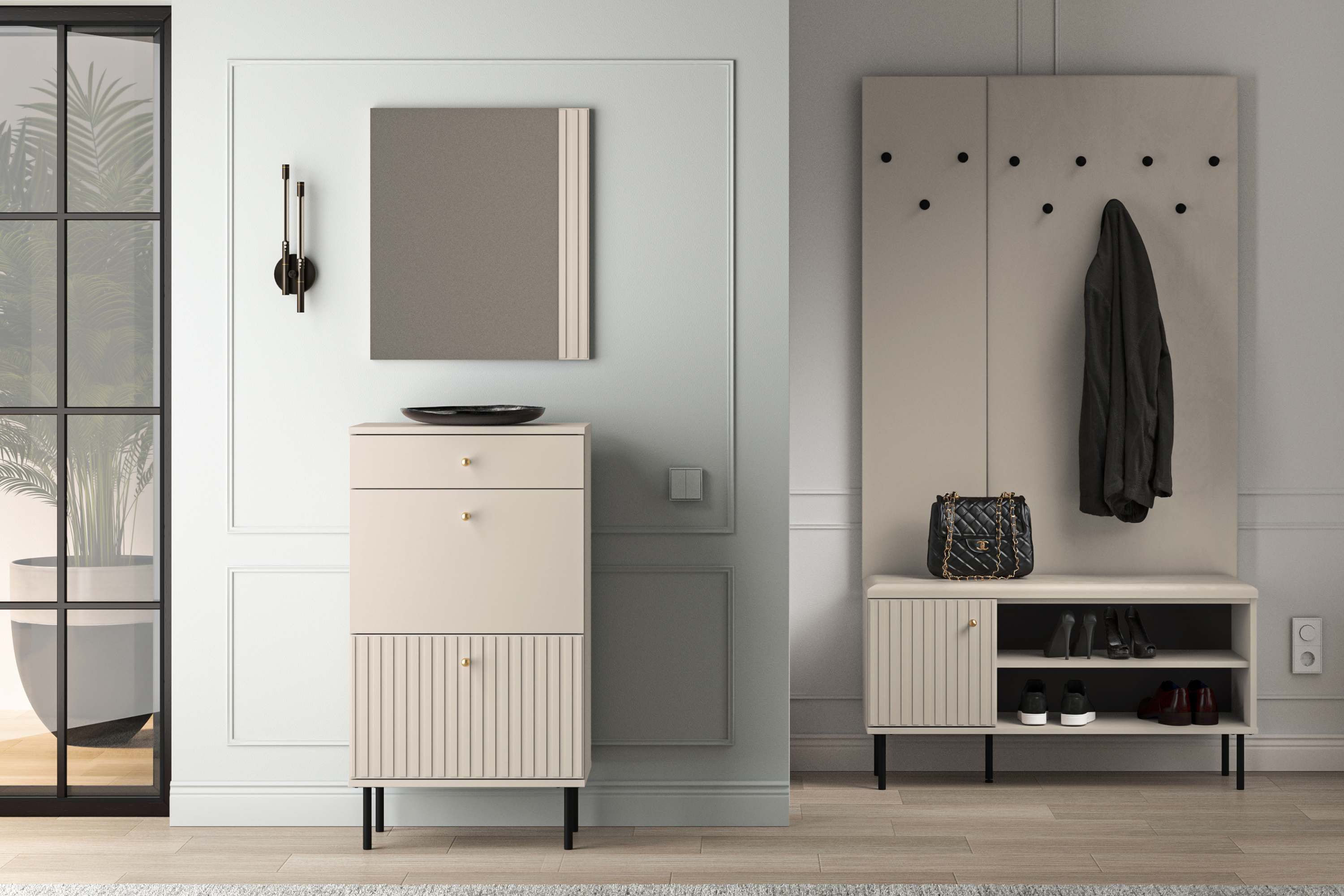 KONSIMO® Schuhschrank DROMA Schuhkommode, hergestellt in der EU, mit Goldelementen, mit Schublade, Elegant und Loft