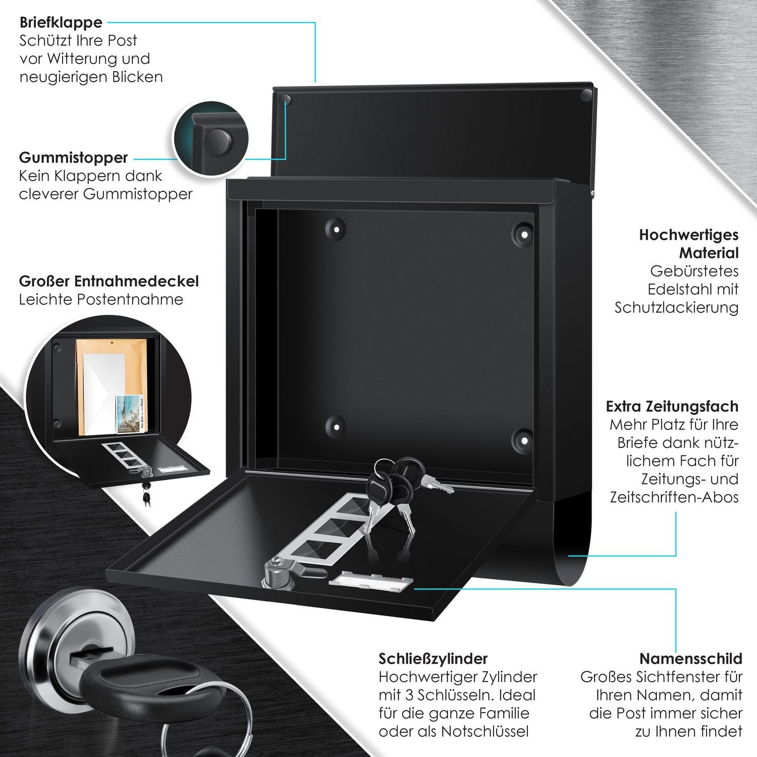 KESSER Briefkasten aus Edelstahl mit Zeitungsfach, 3x Schlüssel & Wandmontage-Material, (Pulverbeschichtet & gebürstet) mit Namensschild & Sichtfenster