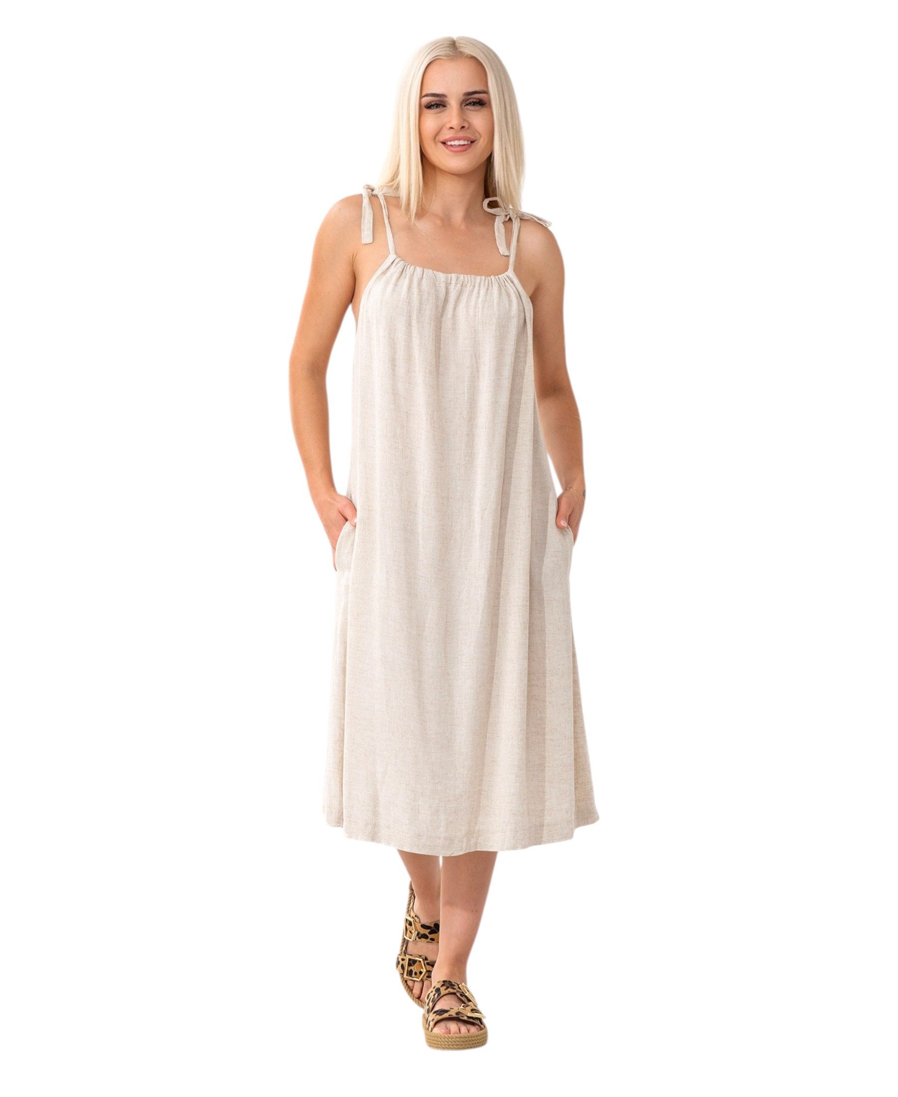 WENOR Sommerkleid aus Leinenmix mit Bindeträgern – luftiges Strandkleid mit Taschen (1-tlg) Bindeträger,seitliche Eingrifftaschen,natürliches Material – Bild 2 von 5