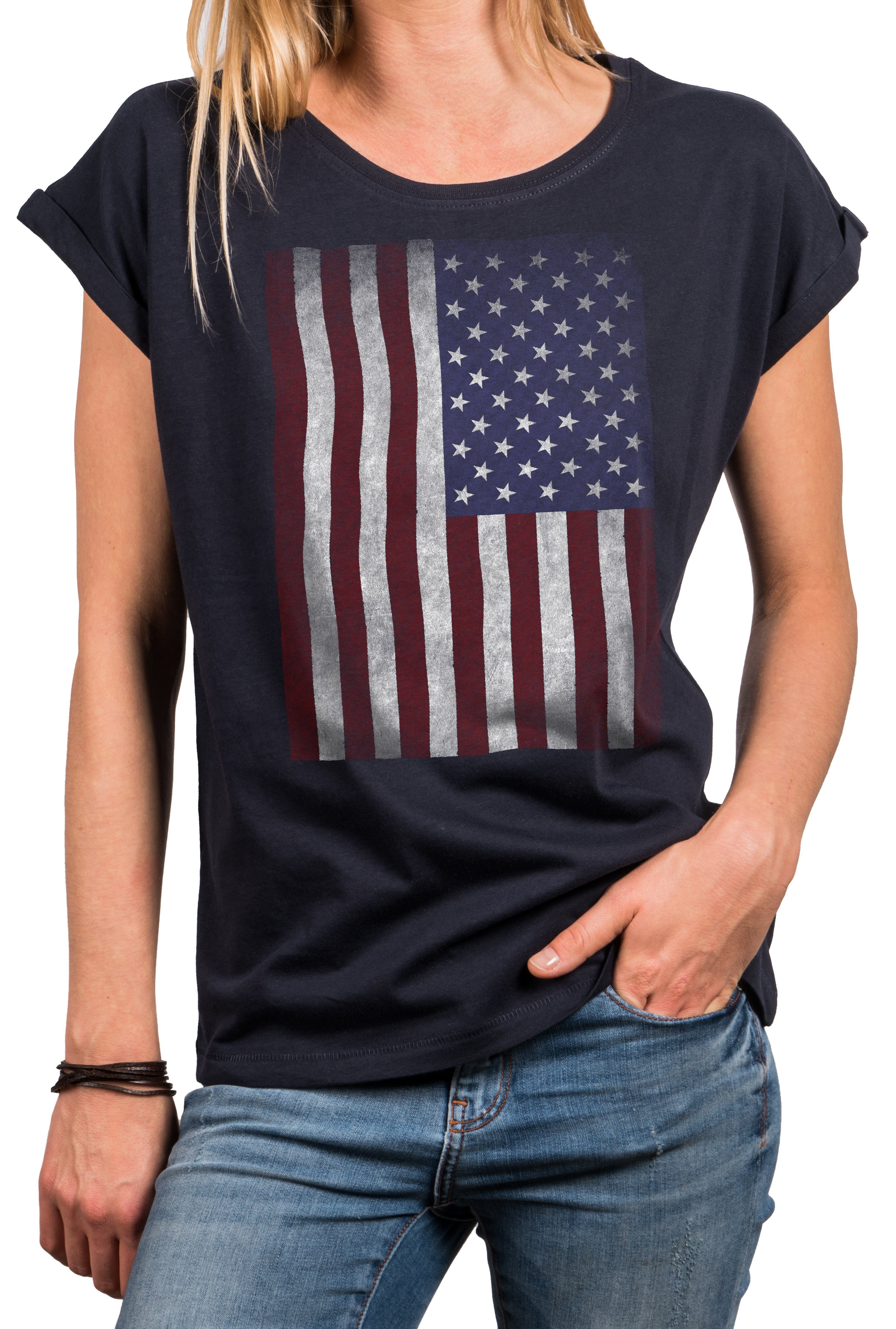 MAKAYA Print-Shirt Damen USA Flagge blau) Fahne grau, Größen (Kurzarm, Sommer Oberteile schwarz, große Tunika Top Vintage Amerika Baumwolle