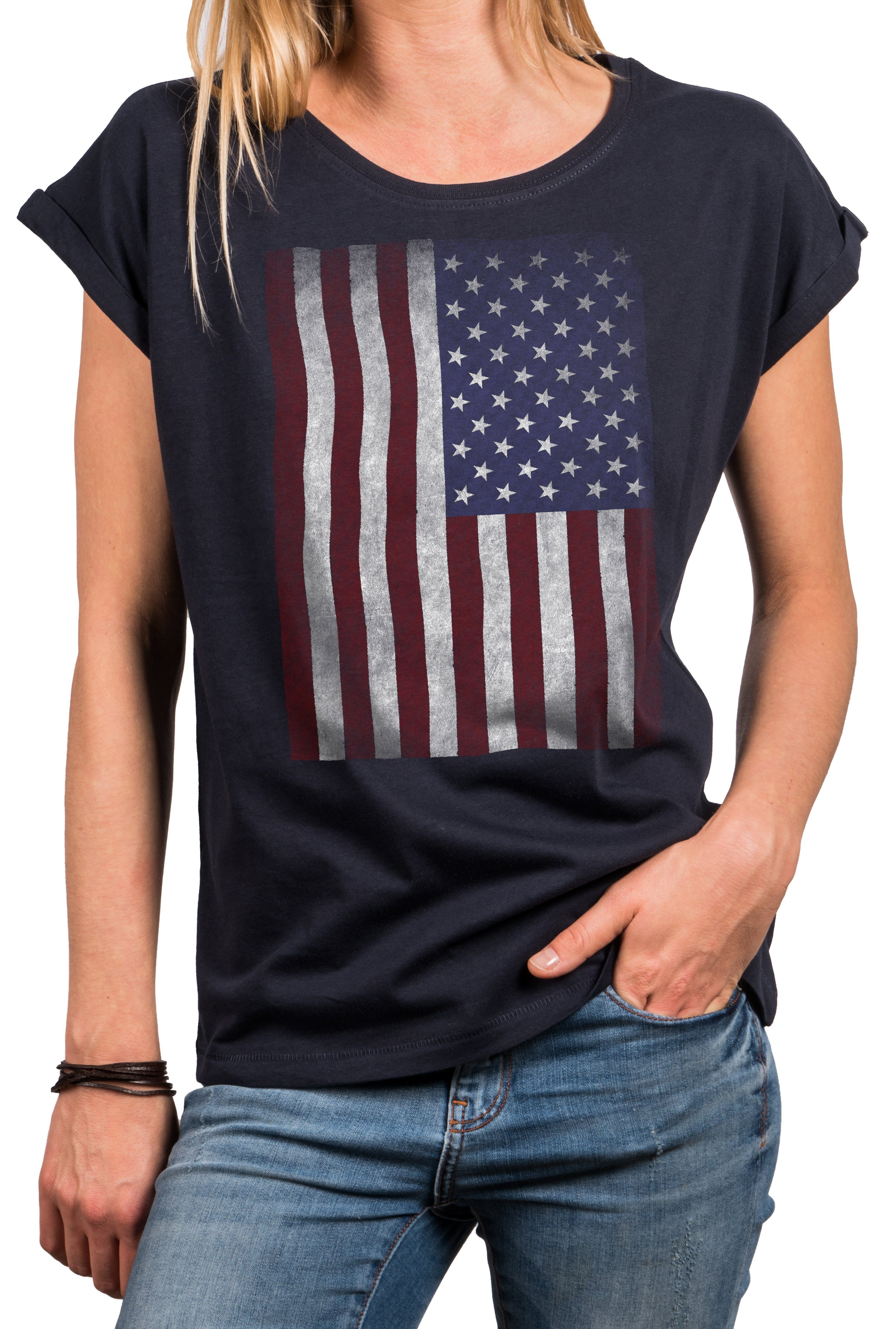 MAKAYA Print-Shirt Damen USA Flagge Vintage Amerika Fahne Tunika Top Sommer Oberteile (Kurzarm, schwarz, grau, blau) große Größen