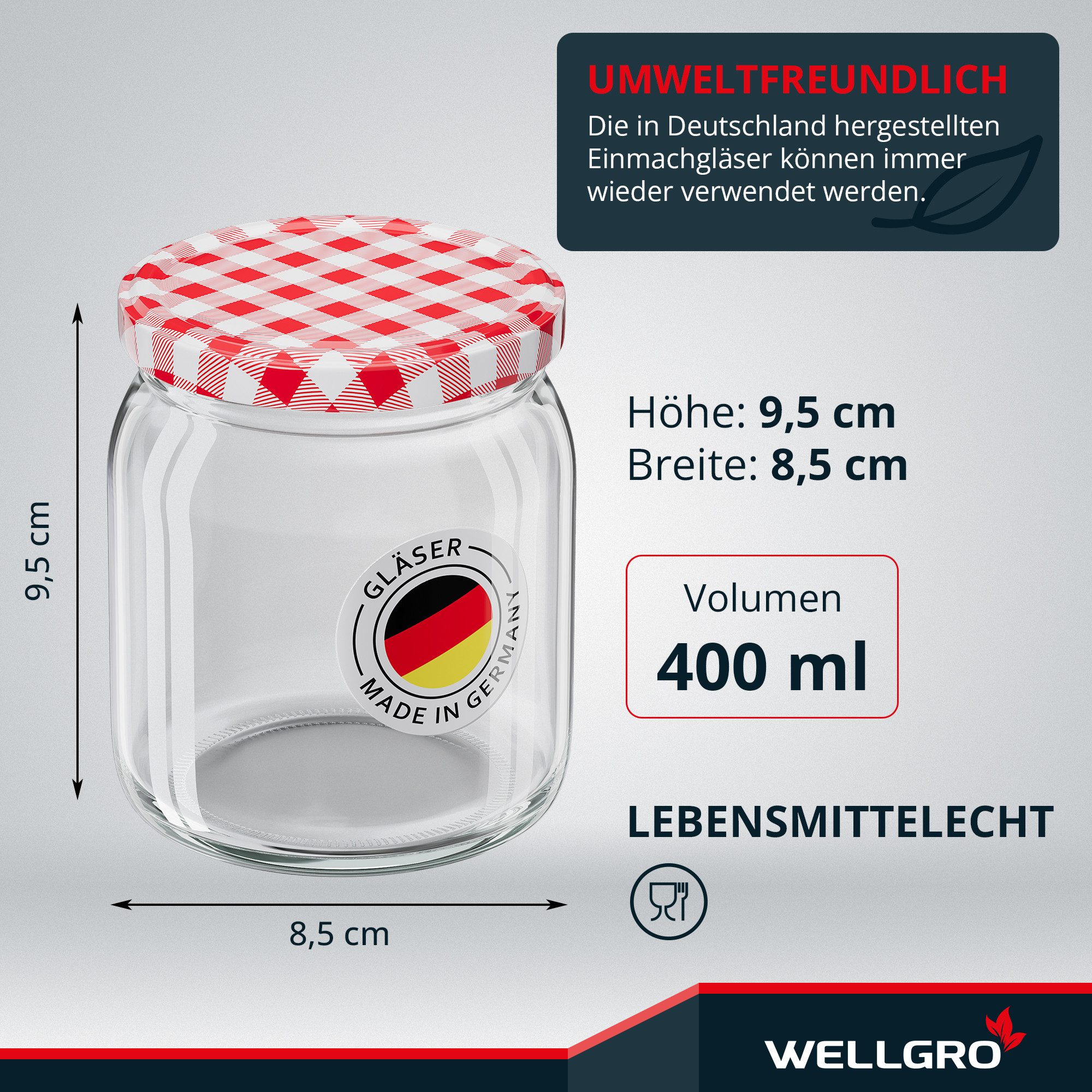 Wellgro Vorratsglas Einmachgläser mit Schraubdeckel TO 82, rot kariert, (50-tlg) – Bild 4 von 5