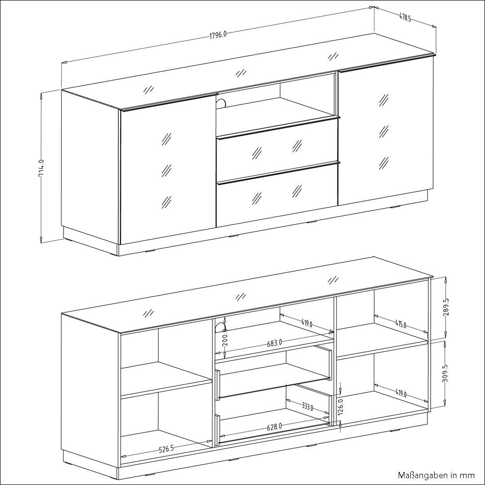 mit HOOVER-83, 5-tlg), (Mega-Spar-Set, grau modern Wohnzimmer-Set Glasfronten 360/195/48 cm Lomadox Beleuchtung und