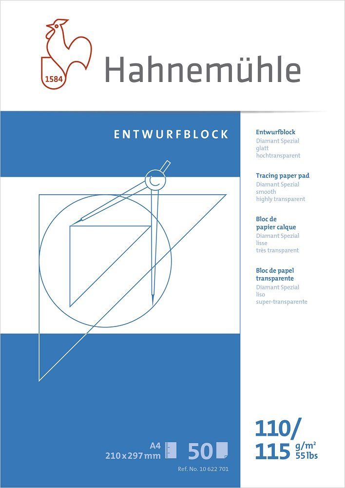 Hahnemühle Aquarellpapier Entwurfblock, 210x297mm, 50 Blatt, 110/115g/m³, Zeichenpapier, entwerfen, zeichnen, konstruieren