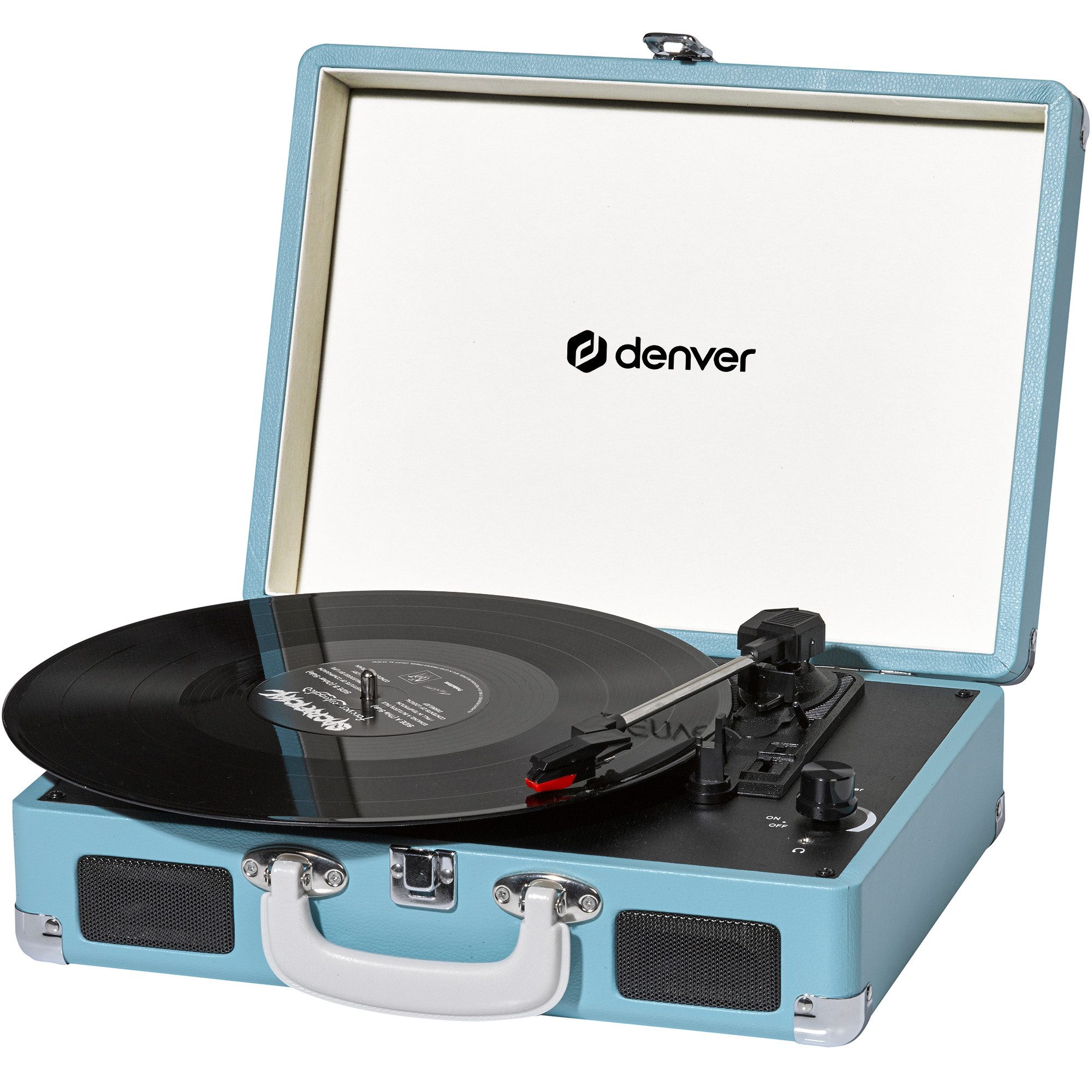 Denver VPL-120BU Plattenspieler (Riemenantrieb, Kofferdesign, Kopfhöreranschluss, mit 2 eingebauten Lautsprechern)
