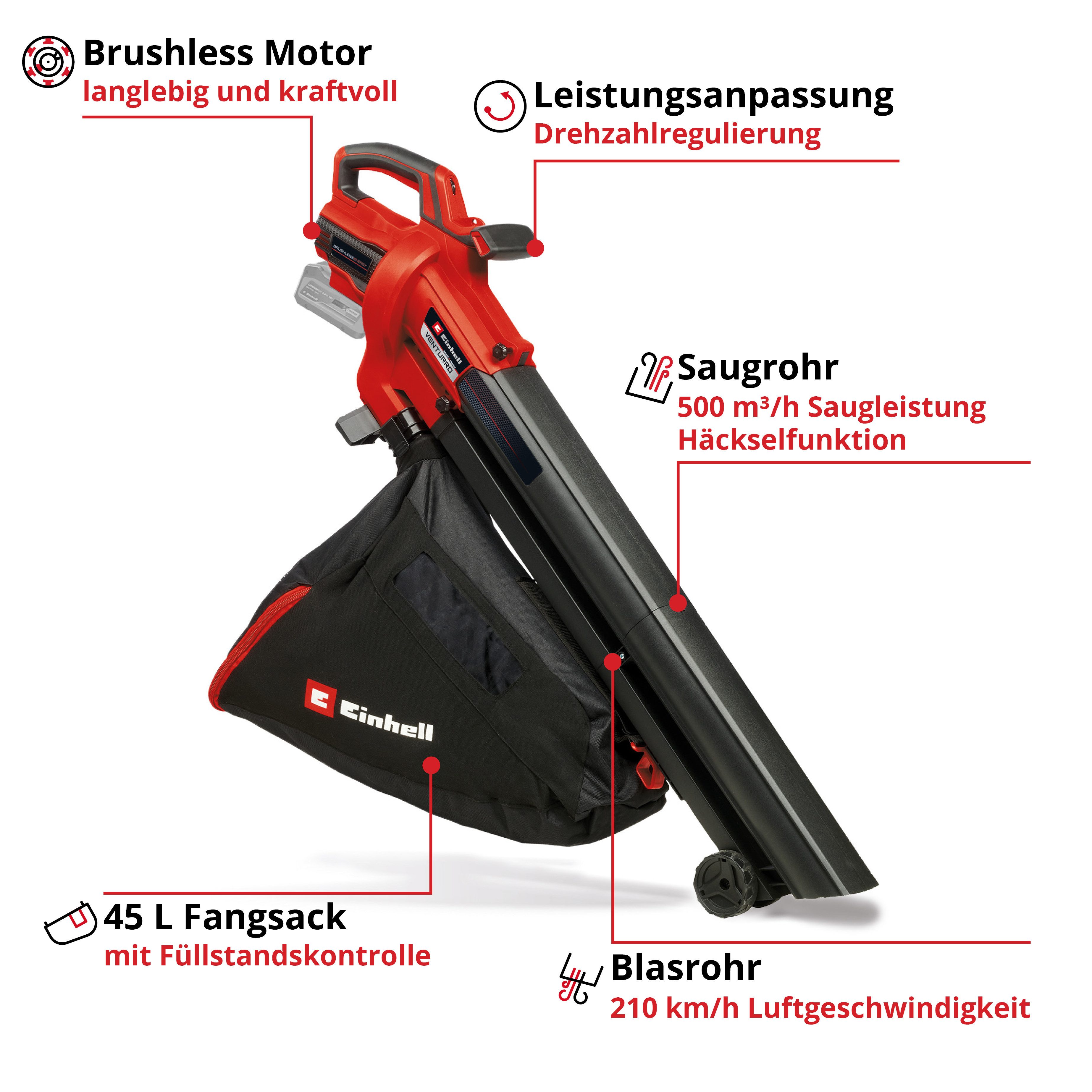 Einhell Akku-Laubsauger VENTURRO 18/210, km/h Blasgeschwindigkeit, ohne Akku und Ladegerät