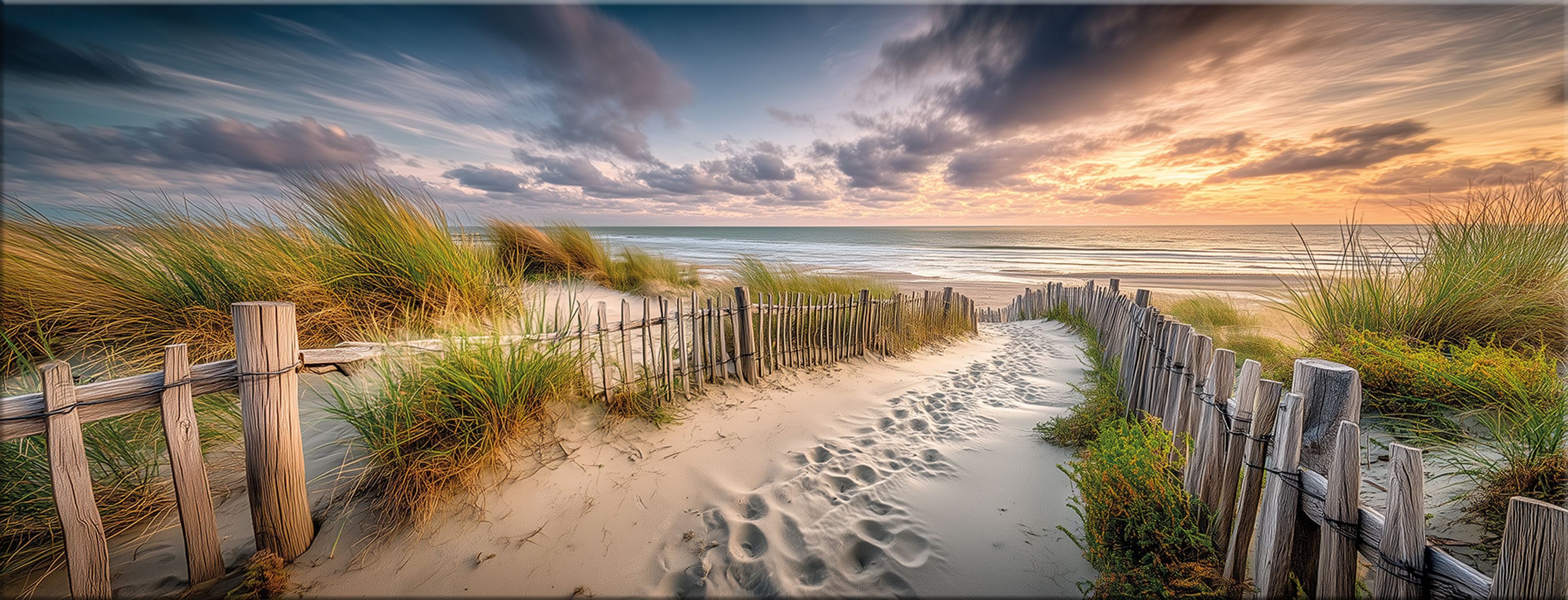 artissimo Glasbild Bild aus Glas 80x30 cm / Wandbild Querformat / Wanddeko modern, Strand und Meer: Sonnenuntergang am Strand in Gold-Blau