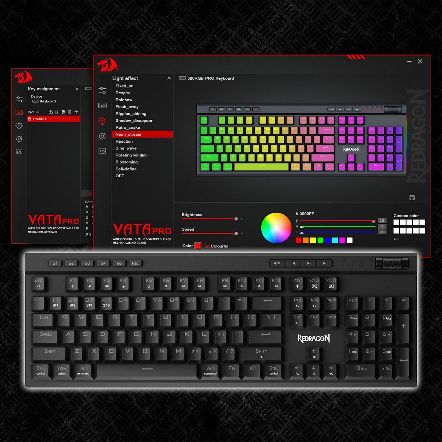 Redragon K580 Mechanische Tastatur, RGB, 2,4 GHz/Bluetooth/Kabelgebunden Gaming-Tastatur (rote Schalter, Schwarz)