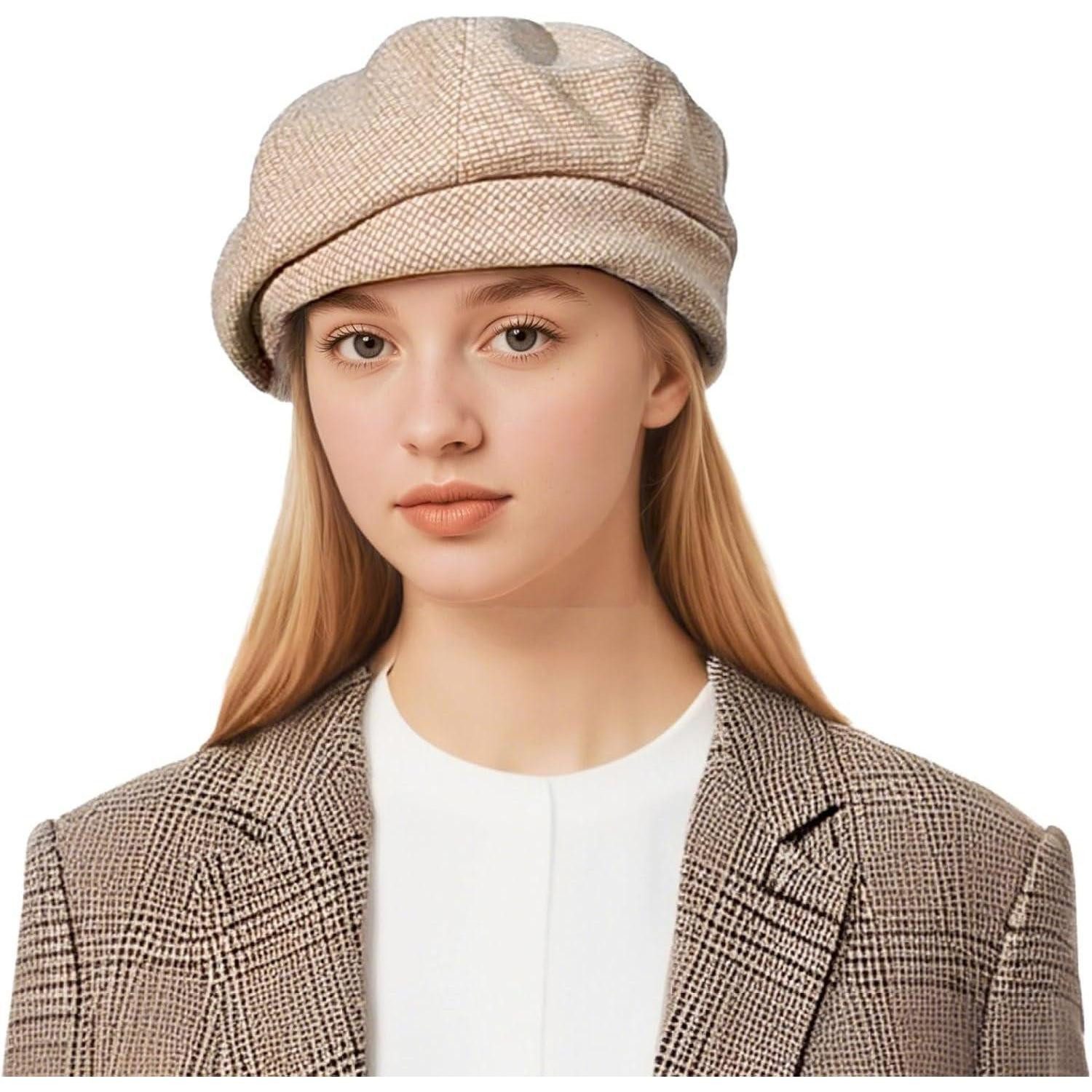 LuxusKollektion Baskenmütze Baskenmütze Damen Wollmischung Barett Beanie Maler Plaid 56-58 Khaki