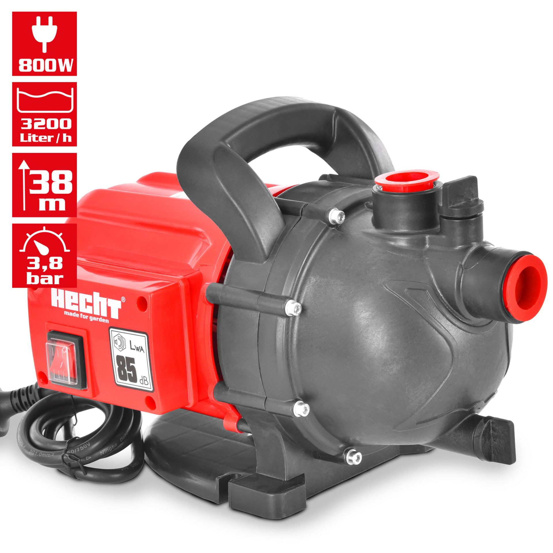Hecht Gartenpumpe 3080 Kreiselpumpe, 800 W, 3200 l/h, selbstansaugend (1-tlg), Bewässerungspumpe Regenwasser Klarwasser IPX4 8 m Saughöhe