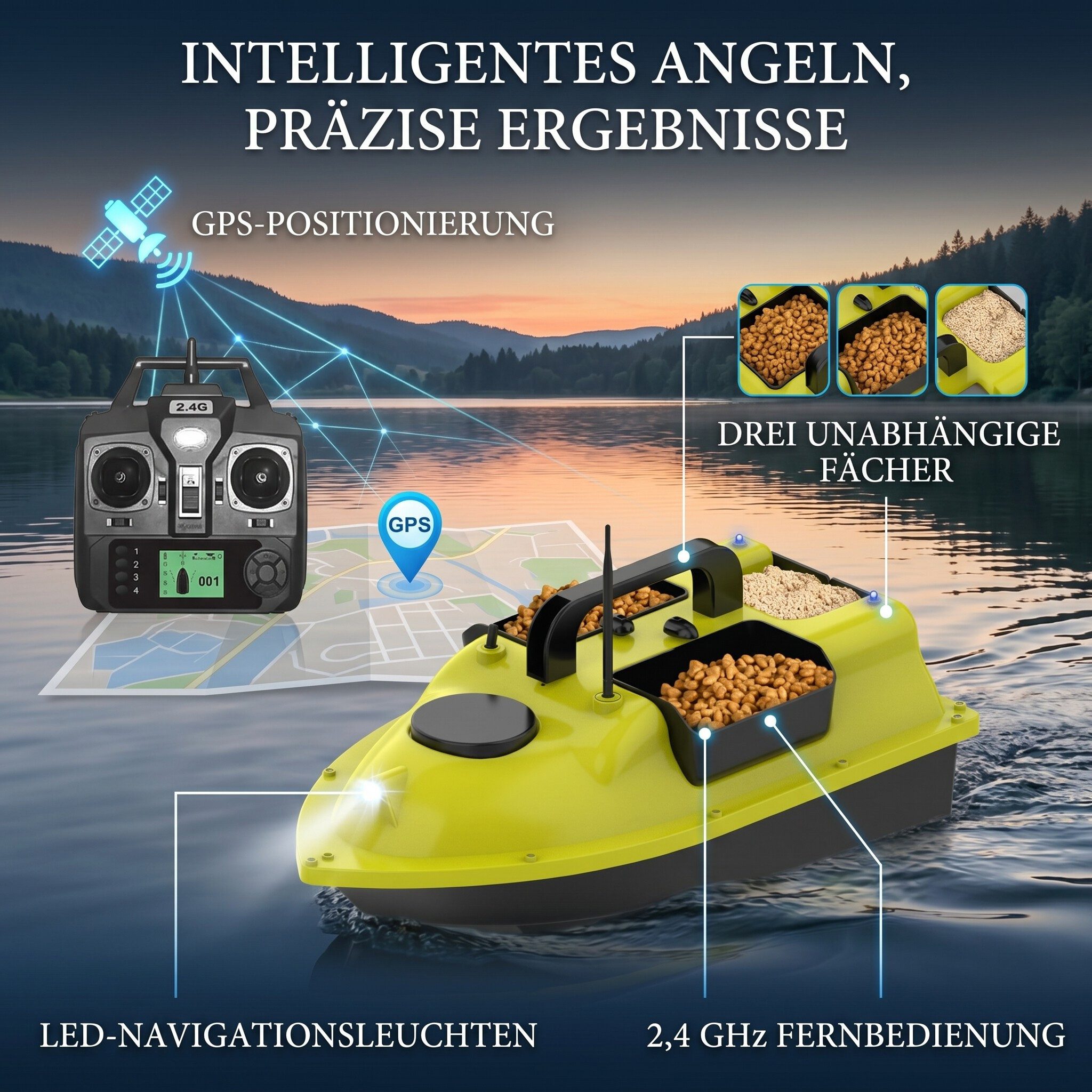 GARRYFIZH RC-Boot D18B RC-Boot Futterboot Angeln Futterboot mit GPS, 400–500 m,Funksteuerung und Geschwindigkeitsregelanlage