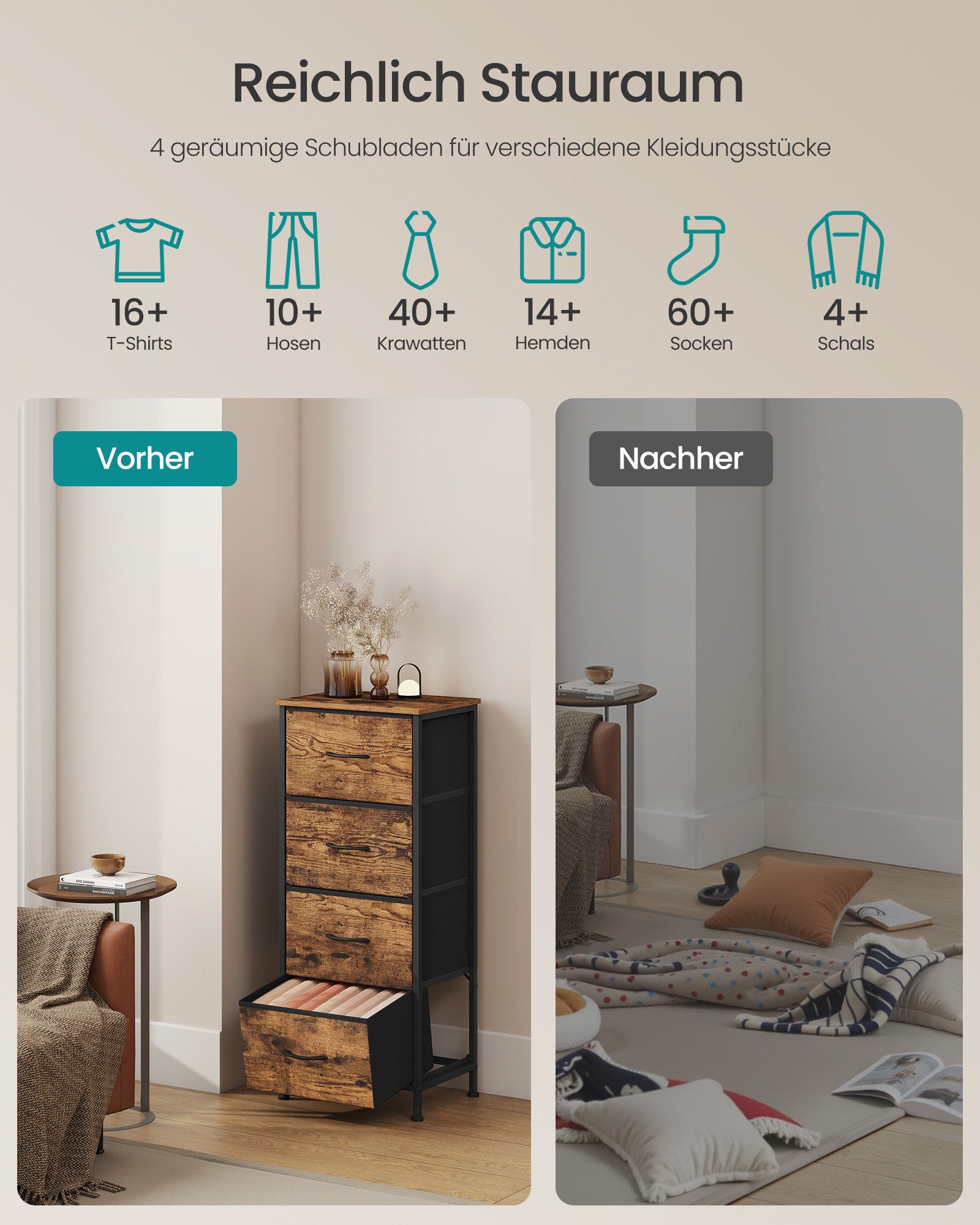 SONGMICS Kommode Schrank mit 3/4/5 Schubladen, Aufbewahrungsschrank, Stahl, MDF, Vliesstoff, für Schlafzimmer