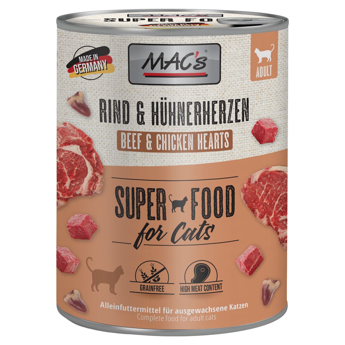 MAC'S Rind & Hühnerherzen 800 g - 6 Stück, Nassfutter für: Katze