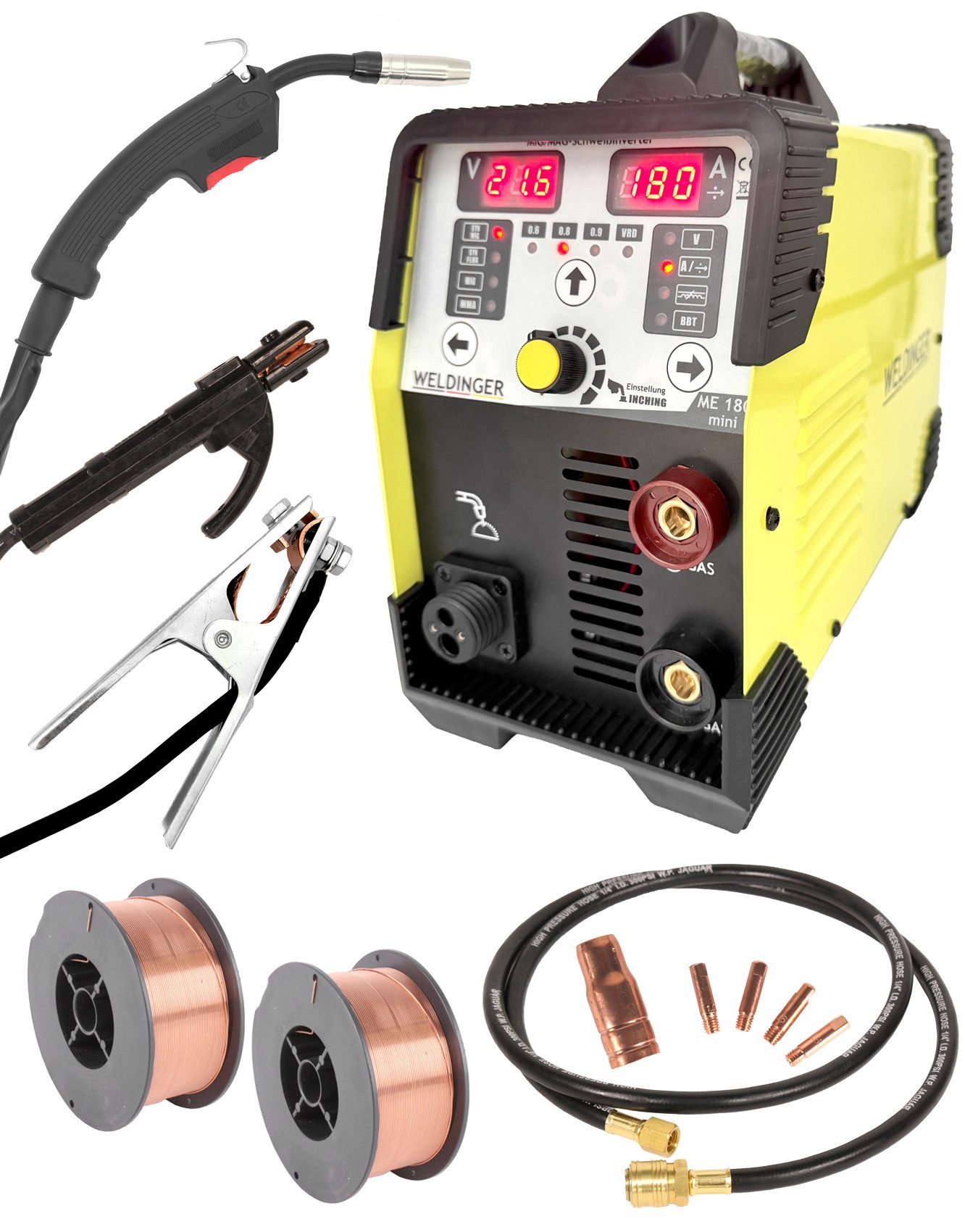 WELDINGER Schutzgasschweißgerät MIG/MAG-Schweißgerät ME180 mini mit Fülldraht- und Elektrodenfunktion, 30 - 180 A, Synergie für MAG-Fülldraht und MAG-Schutzgas