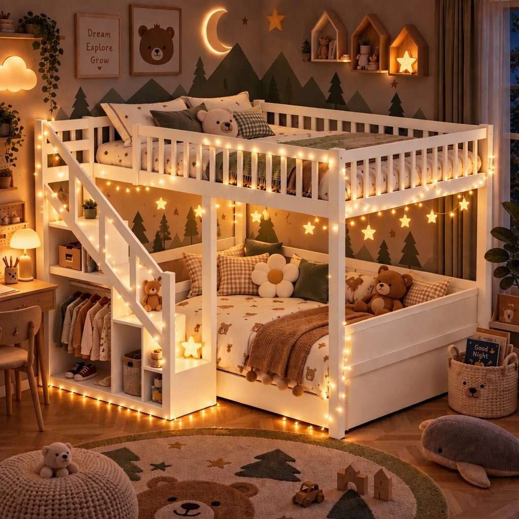 PXloue Hochbett 90/140 x 200 Stauraumbett Kinderbett (ohne LED-Lichtleiste) Holzbett Mit Treppe, Absturzsicherung, Erholungsgebiet, 90x200 cm