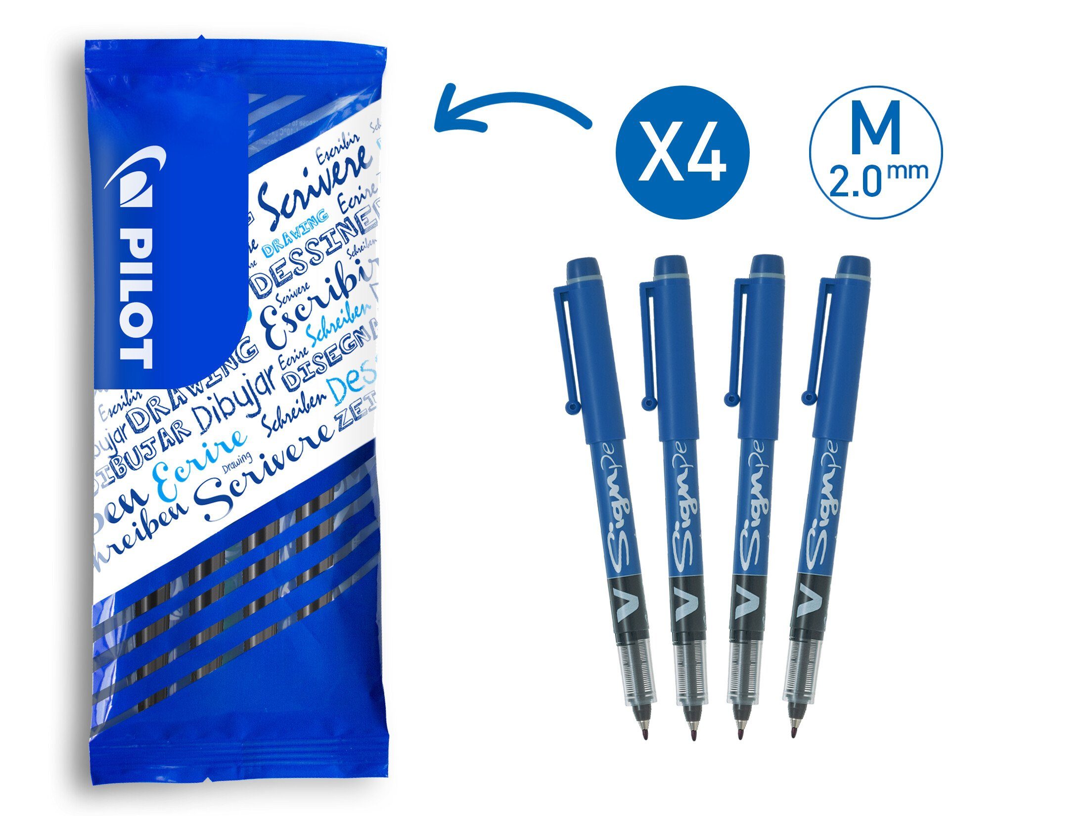 PILOT Gelschreiber Pilot - V-Sign Fineliner Marker Pen - Medium - Blue - Pack of 4 | Gelroller