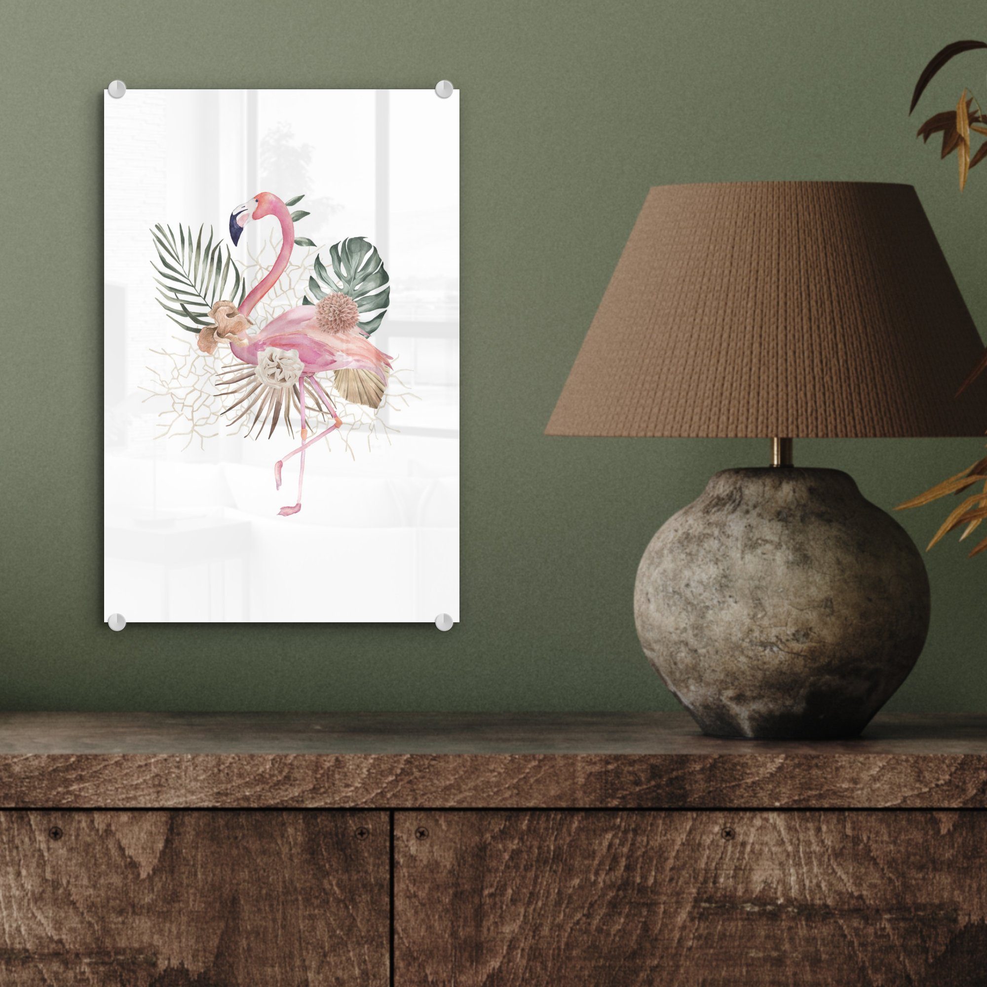 MuchoWow Acrylglasbild Pflanzen - Glasbilder - Glas - - Bilder bunt St), Blumen, auf (1 - auf Glas Wanddekoration Foto Wandbild Flamingo