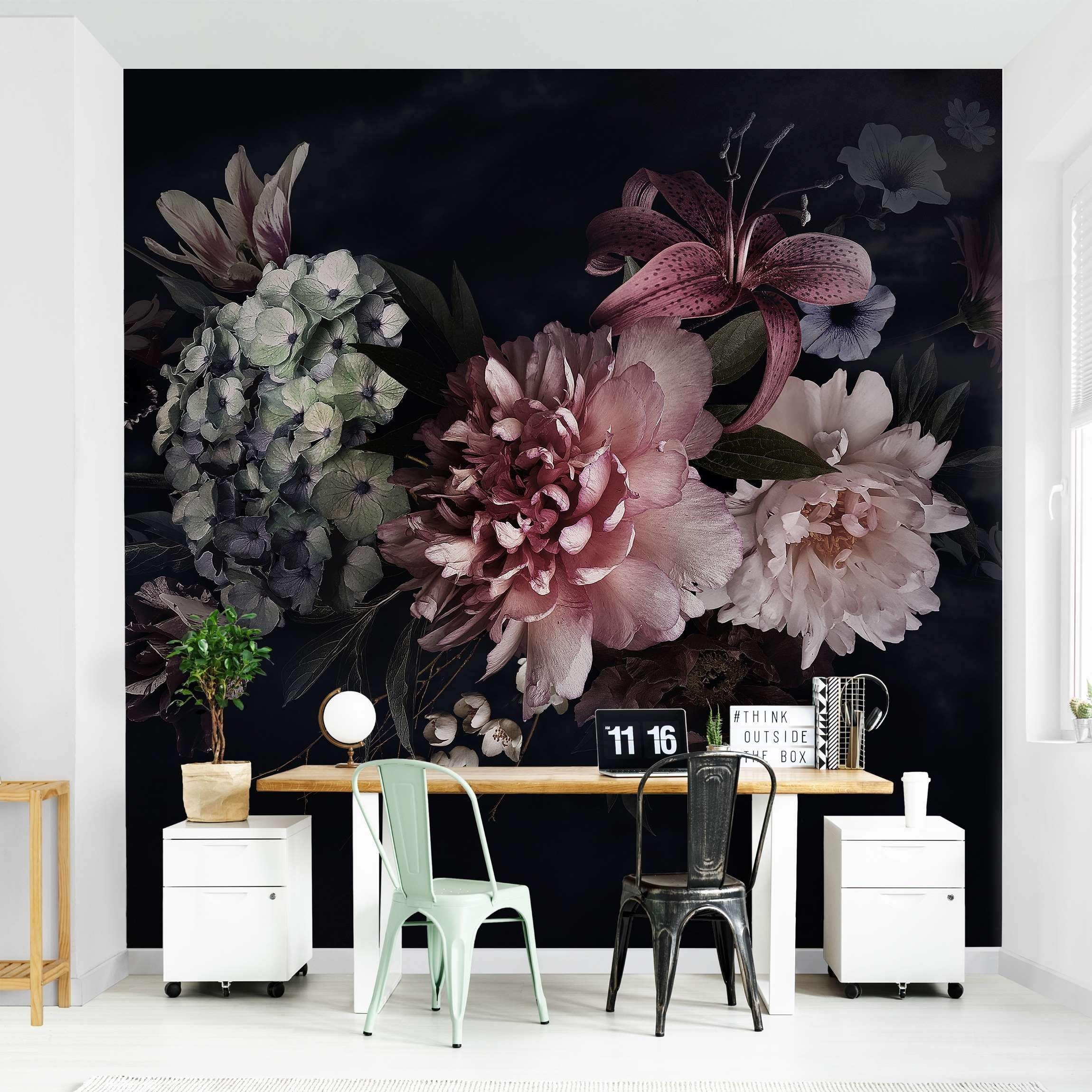 Bilderdepot24 Vliestapete Vintage Blumen Nebel Schwarz Natur Landhausstil Modern Wanddeko, Glatt, Matt, (Vliestapete inkl. Kleister oder selbstklebend), Wohnzimmer Schlafzimmer Küche Flur Fototapete Motivtapete Wandtapete