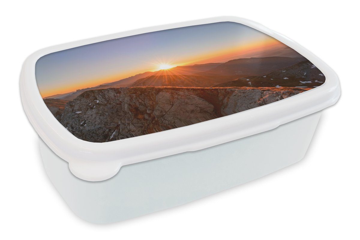 MuchoWow Lunchbox Berg - Landschaft - Sonne, Kunststoff, (2-tlg), Brotbox für Kinder und Erwachsene, Brotdose, für Jungs und Mädchen weiß