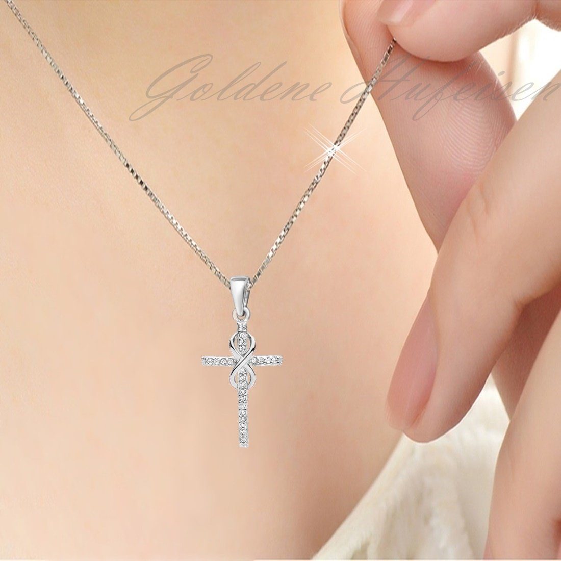 Goldene Hufeisen Kette und Anhänger Set Kreuz Unendlichkeit Anhänger mit Kette 925 Silber Rhodiniert Damen (2-tlg, inkl. Etui), Rhodiniert – Bild 2 von 5