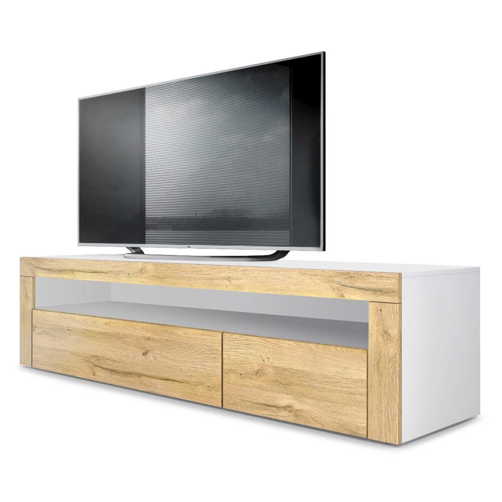 Vladon Lowboard Valencia (TV-Kommode, ​mit 1 offenem Fach und 2 Klappen), Weiß matt/Eiche Natur/Eiche Natur (155 x 46 x 40 cm)