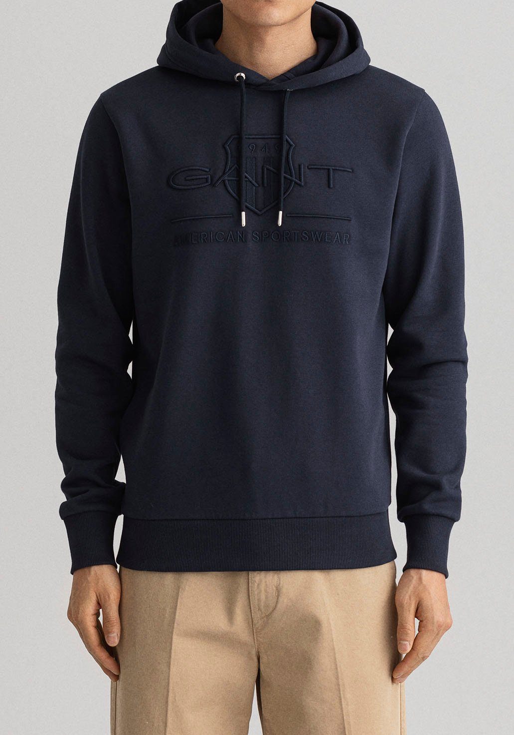 mit SHIELD Ärmel Kapuzensweatshirt TONAL Bündchen ARCHIVE an Saum blue evening und Gant