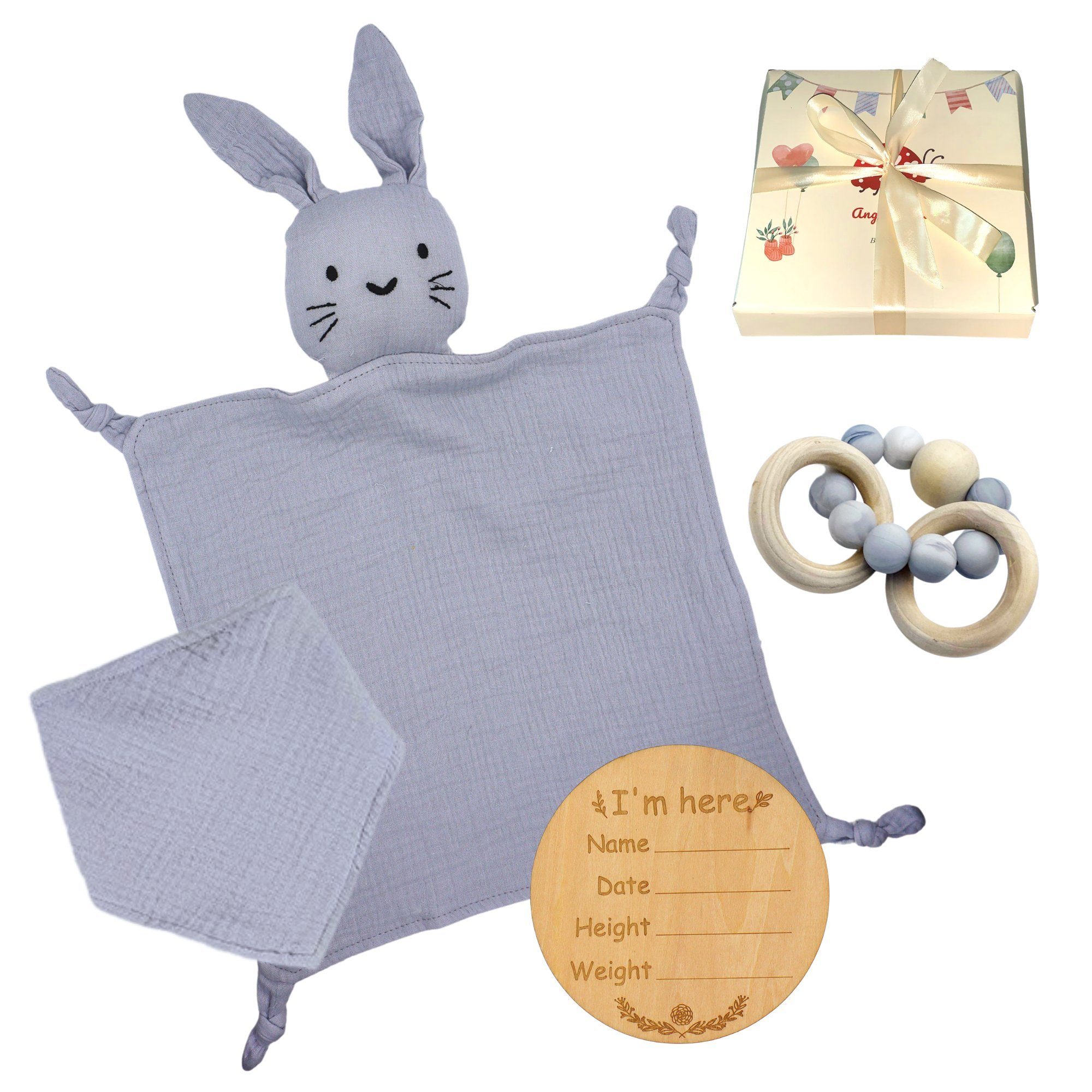 Angel's Baby Neugeborenen-Geschenkset Geschenk zur Geburt mit Schnuffeltuch, Beißring (Set, mit Geschenkverpackung + Grußkarte) 4 Teile + gratis Grußkarte, Geschenkbox Blau