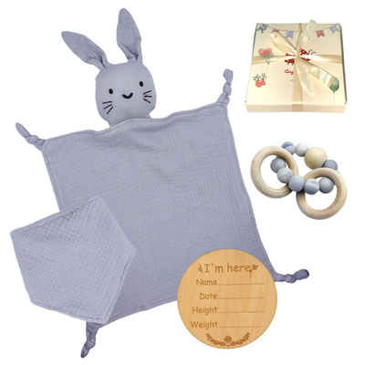 Angel's Baby Neugeborenen-Geschenkset Geschenk zur Geburt mit Schnuffeltuch, Beißring (Set, mit Geschenkverpackung + Grußkarte) 4 Teile + gratis Grußkarte, Geschenkbox