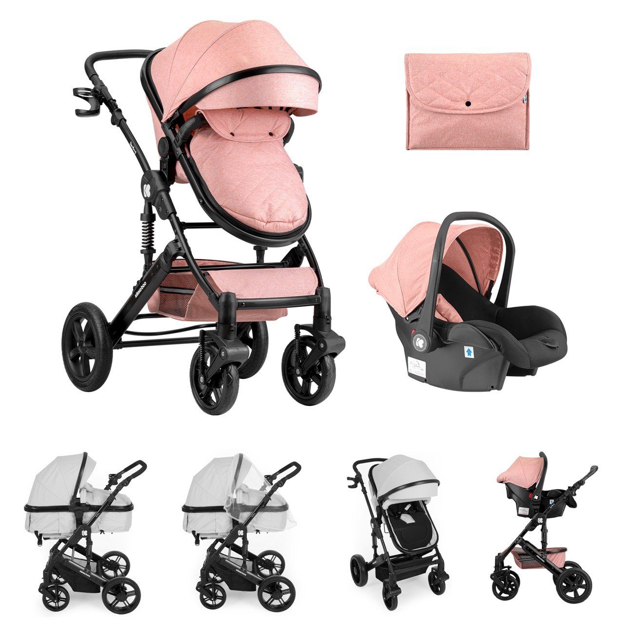 Kikkaboo Kombi-Kinderwagen Kinderwagen Darling 3 in 1, Sportsitz Tragetasche Autositz Wickeltasche rosa