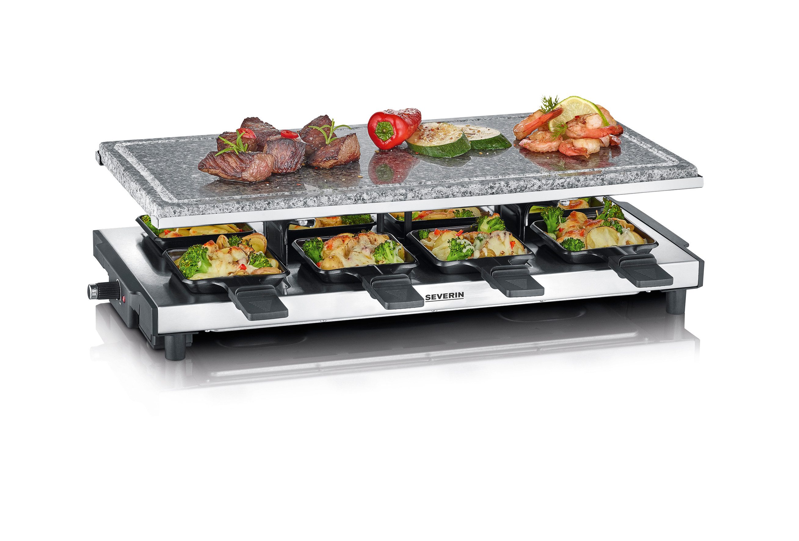 Severin Raclette RG 2374, 8 Raclettepfännchen, 1700 W, Naturgrillstein, elektrischer Tischgrill, Raclette für 8 Personen
