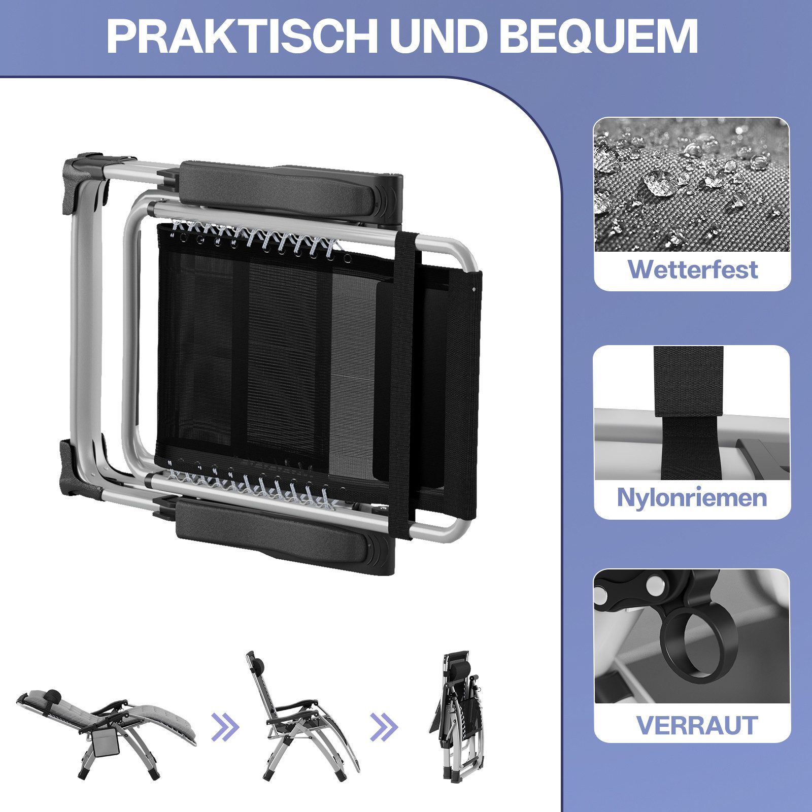 Huracan Gartenliege Sonnenliege Klappbar, Gartenliege Wetterfest mit Ergonomisches Polster, 1 St., Strandliege Verstellbare Rückenlehne, Liegestuhl Garten mit N – Bild 5 von 5